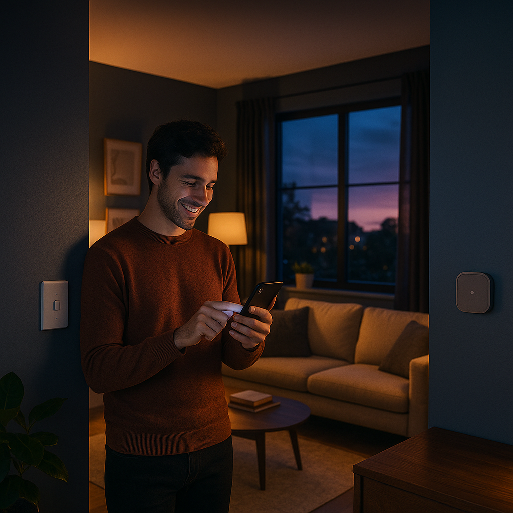 Happy user engaging with the BrightNest app on their phone, enjoying a seamless home management experience.