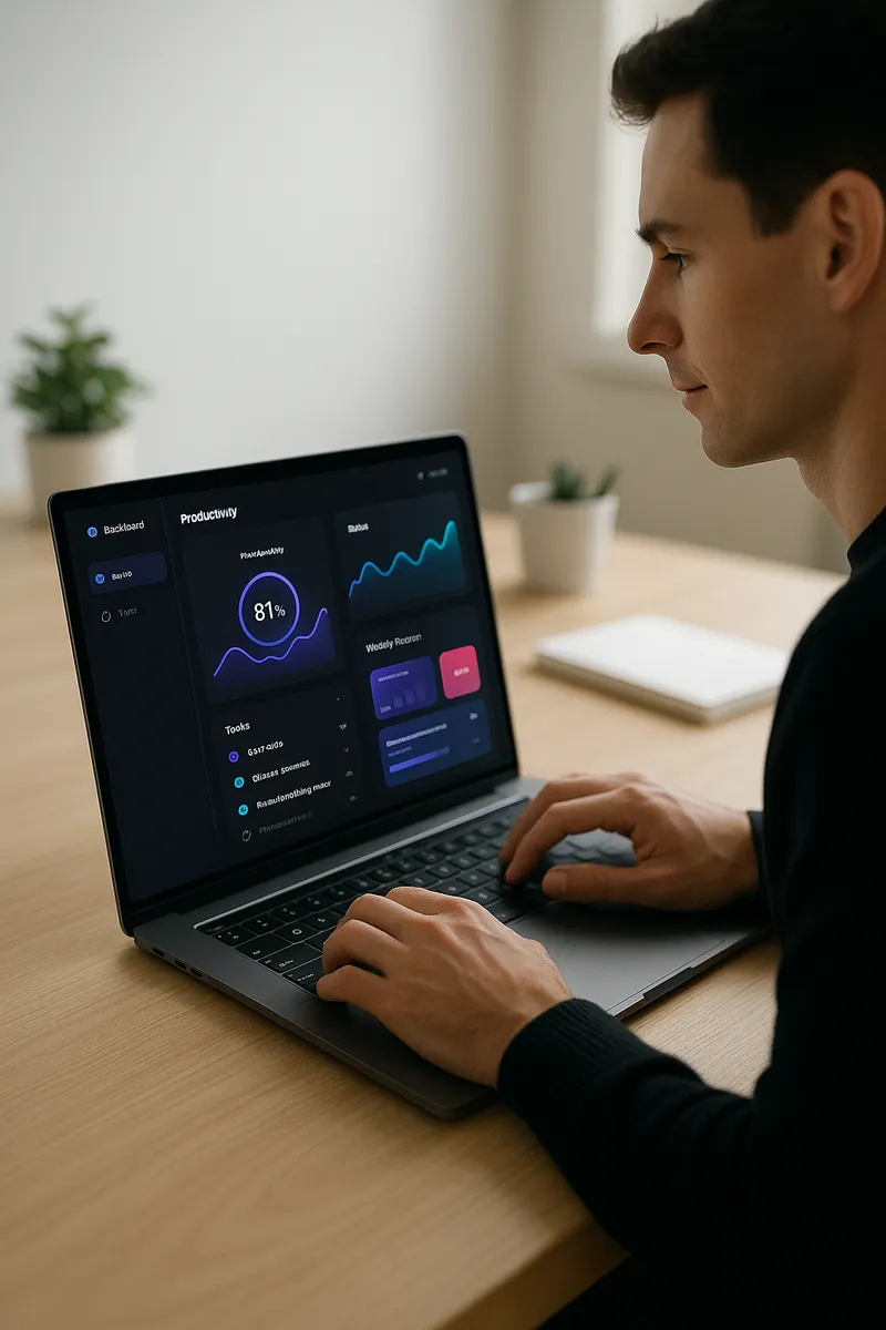 Man working on a desktop computer using Flowrise SaaS platform to manage workflows and track business performance benefits.