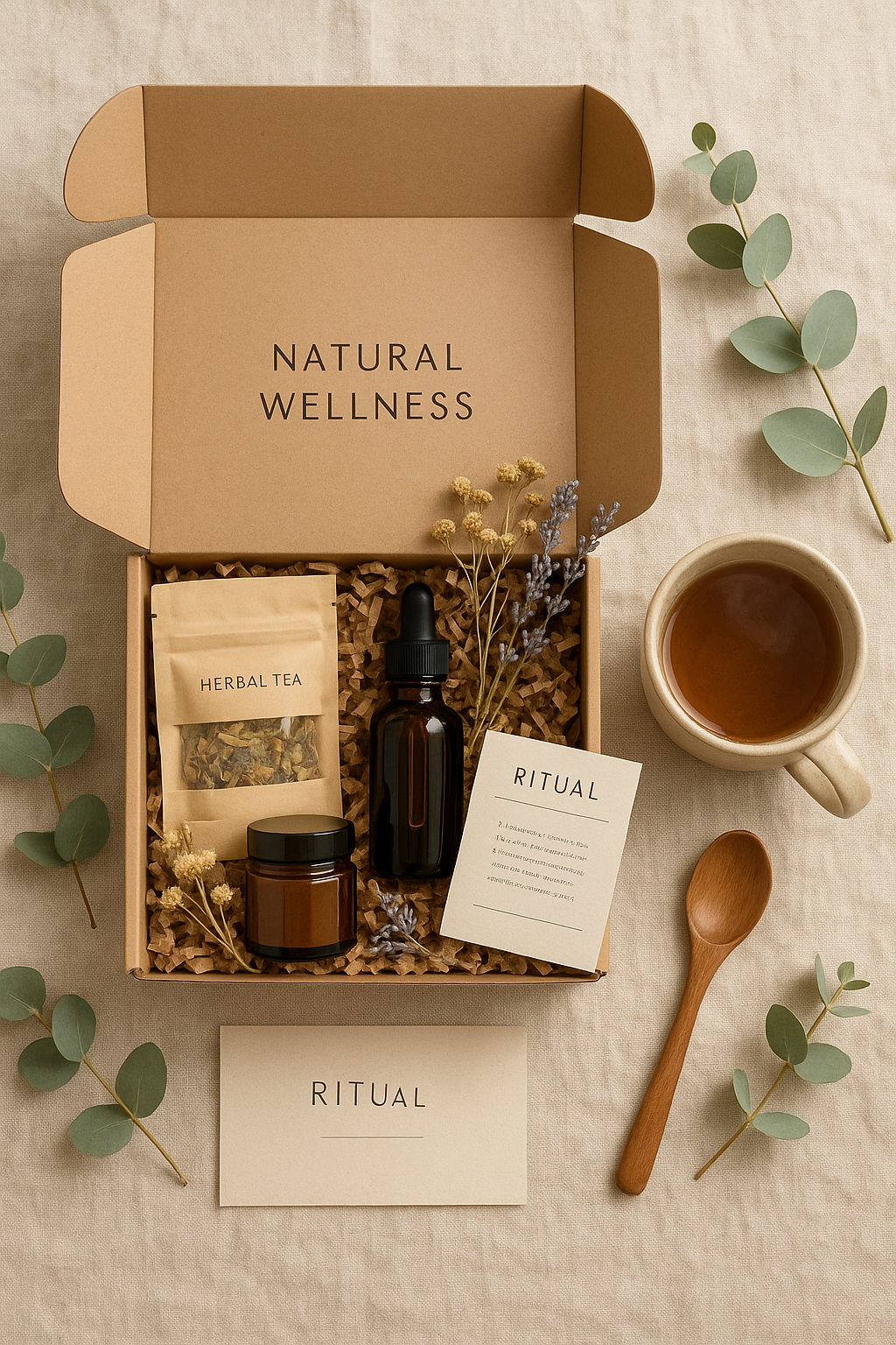 A curated wellness gift box filled with herbal teas, candles, and natural products for a relaxing self-care experience.