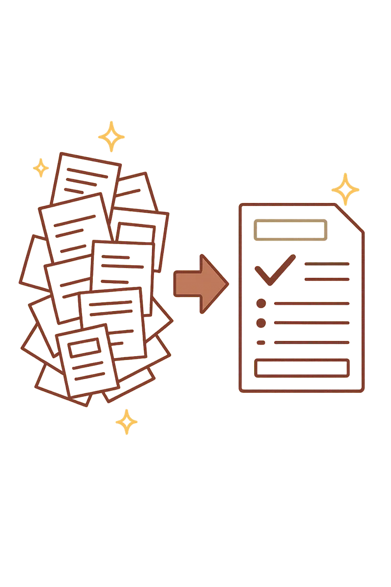 Illustration of disorganized papers transformed into neatly organized reports with an arrow, symbolizing AutoBrief’s automated document organization and clarity.