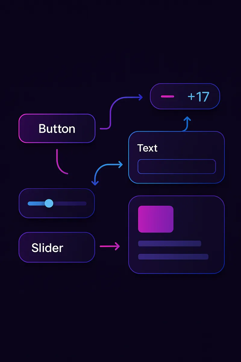 Dark mode design diagram showing how buttons, sliders, and text fields interact, highlighted in vibrant pink, purple, and blue — modern UI elements for PixelNest platform.