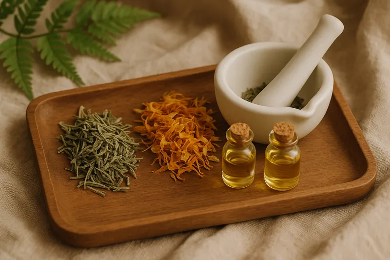 A blend of dried herbs and natural oils being mixed to create holistic remedies, symbolizing plant-based wellness and sustainable self-care practices.