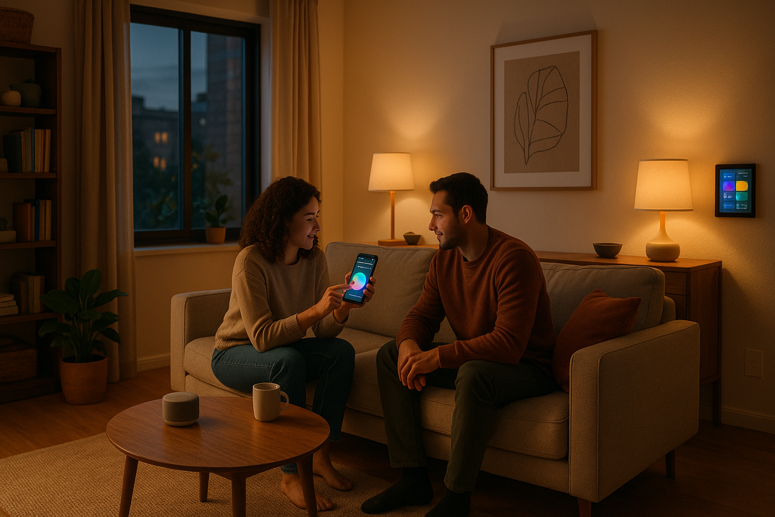 Smiling couple sitting on a sofa controlling their smart home with the BrightNest app on a smartphone.