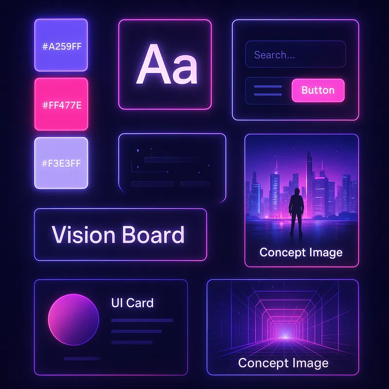 PixelNest vision board interface displaying design assets, typography, and concept images for organizing creative ideas.