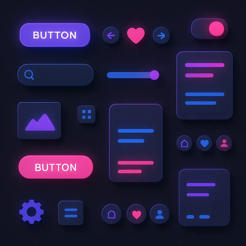 PixelNest design elements library showcasing modern UI components like buttons, sliders, and icons for creative projects.