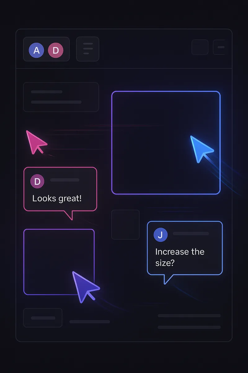 Creative UI concept of multiple designers working together with chat comments and glowing cursors, representing real-time collaboration in PixelNest platform.