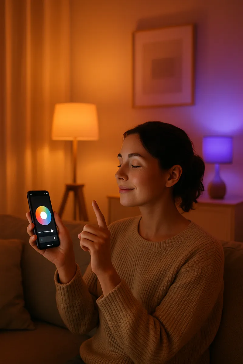 Woman using her cellphone to control NestLights smart home lighting with the BrightNest app.