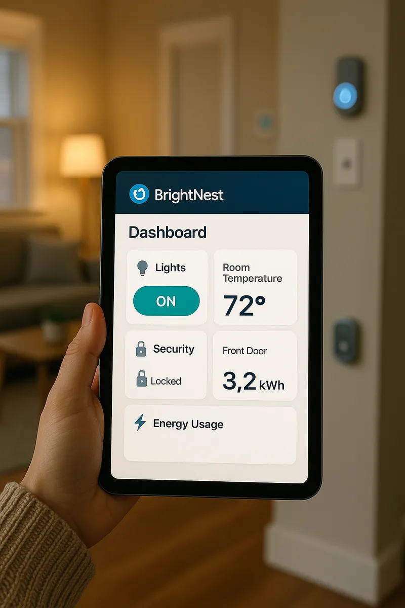 Screenshot of the BrightNest app dashboard showing key features for home management and organization.