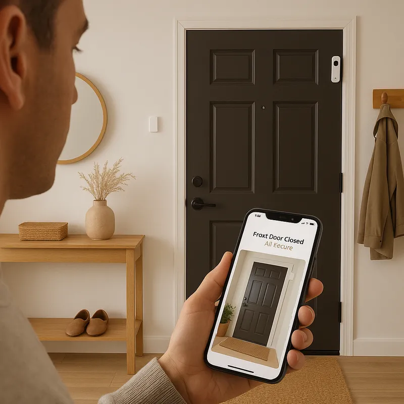 Person using the BrightNest app to check and secure their home with the SafeNest smart security feature.