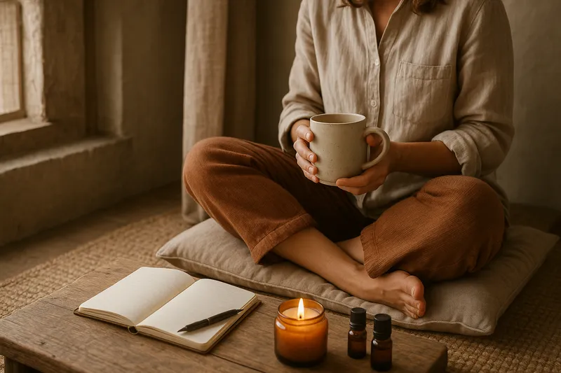 A person enjoying a calming wellness ritual with a journal, herbal tea, and candles, representing mindfulness, relaxation, and balanced self-care at home.