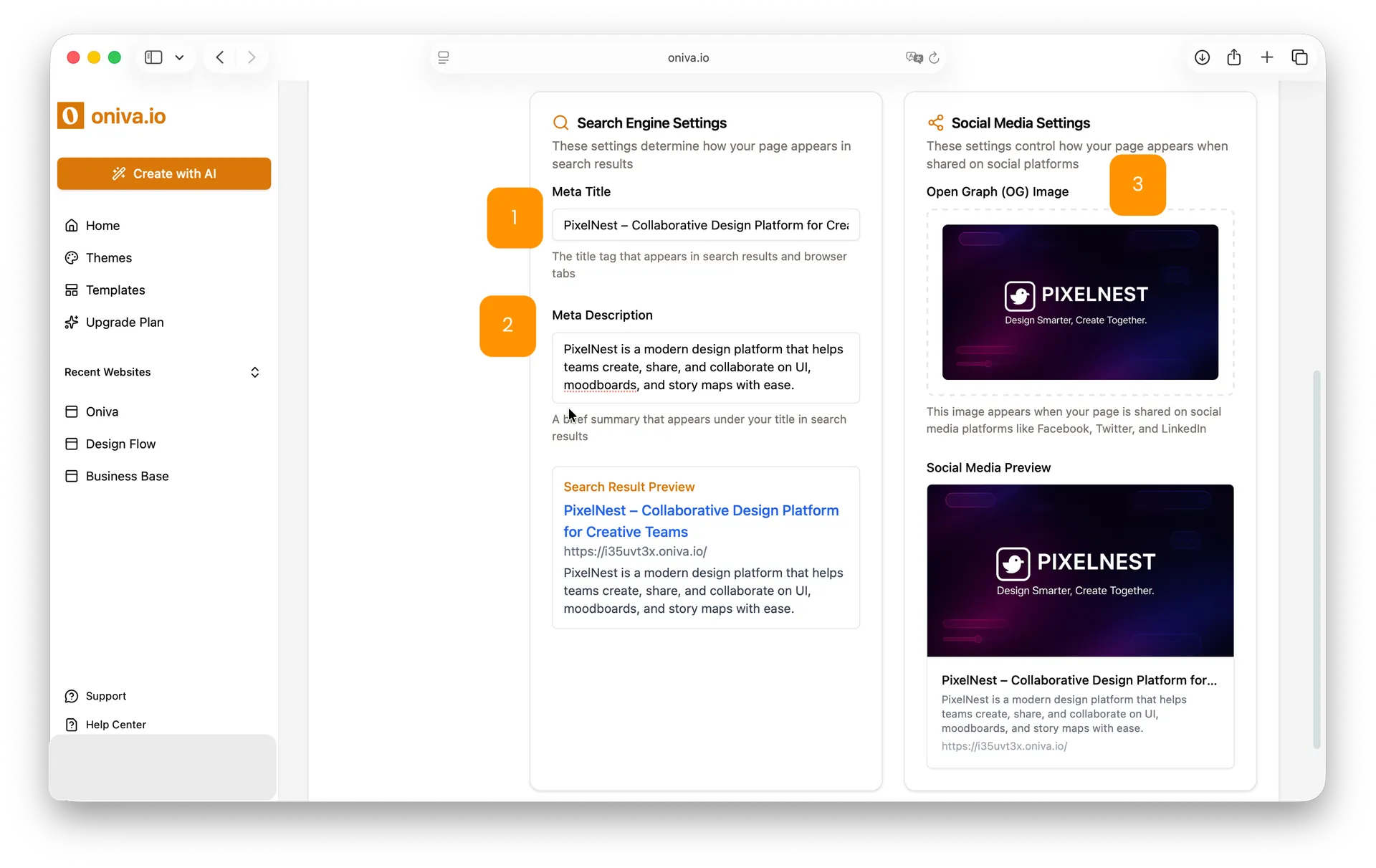 Oniva.io SEO settings page with fields for meta title, meta description, and social media Open Graph preview.