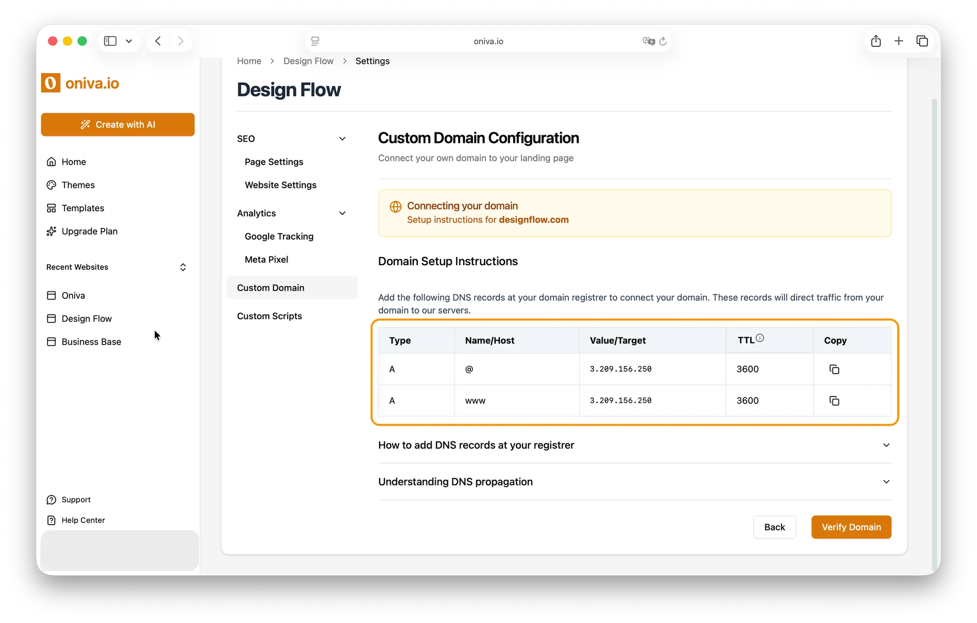 Oniva.io website builder showing DNS setup instructions for connecting a custom domain with A records.