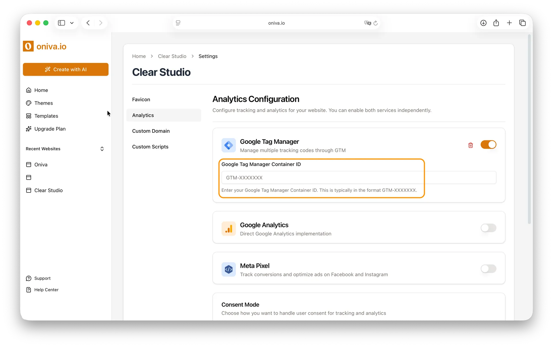 Oniva.io Google Tag Manager integration screen with Container ID input field (GTM-XXXXXXX format) for connecting analytics tracking to AI-built websites