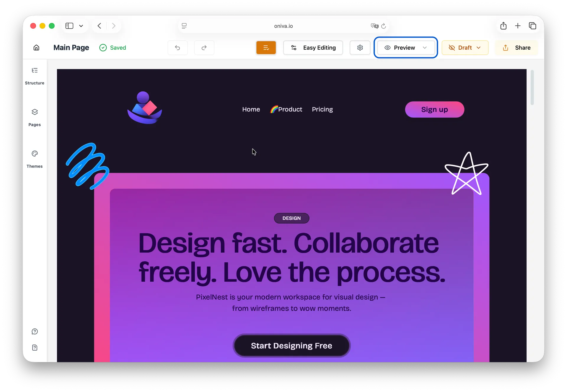 Oniva.io preview mode interface allowing users to view website responsiveness across desktop, mobile, and tablet devices - showing real-time preview functionality in AI website builder for cross-device compatibility testing