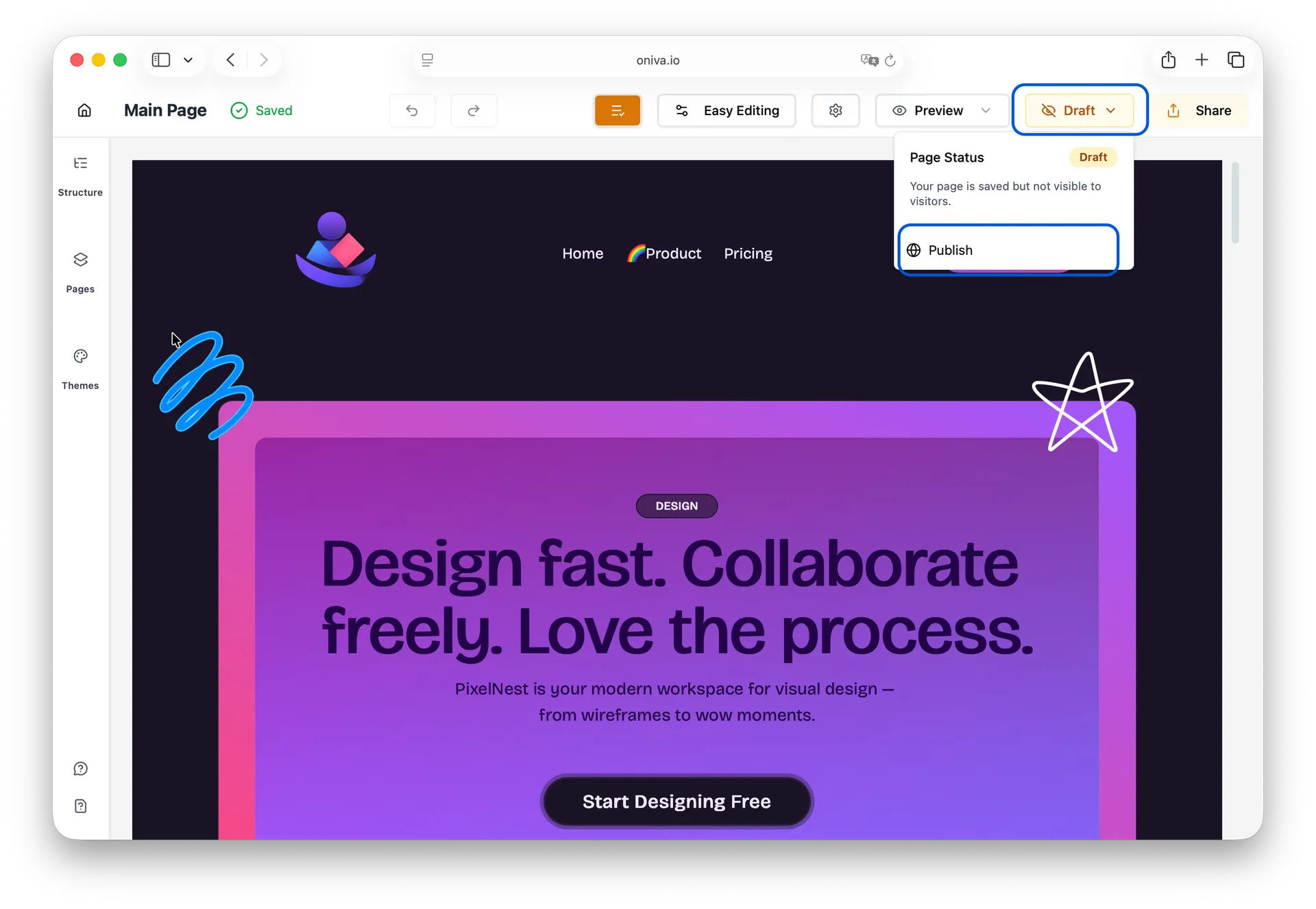 Oniva.io publish workflow interface displaying draft status dropdown menu with 'Publish' button highlighted for website deployment in no-code website builder platform