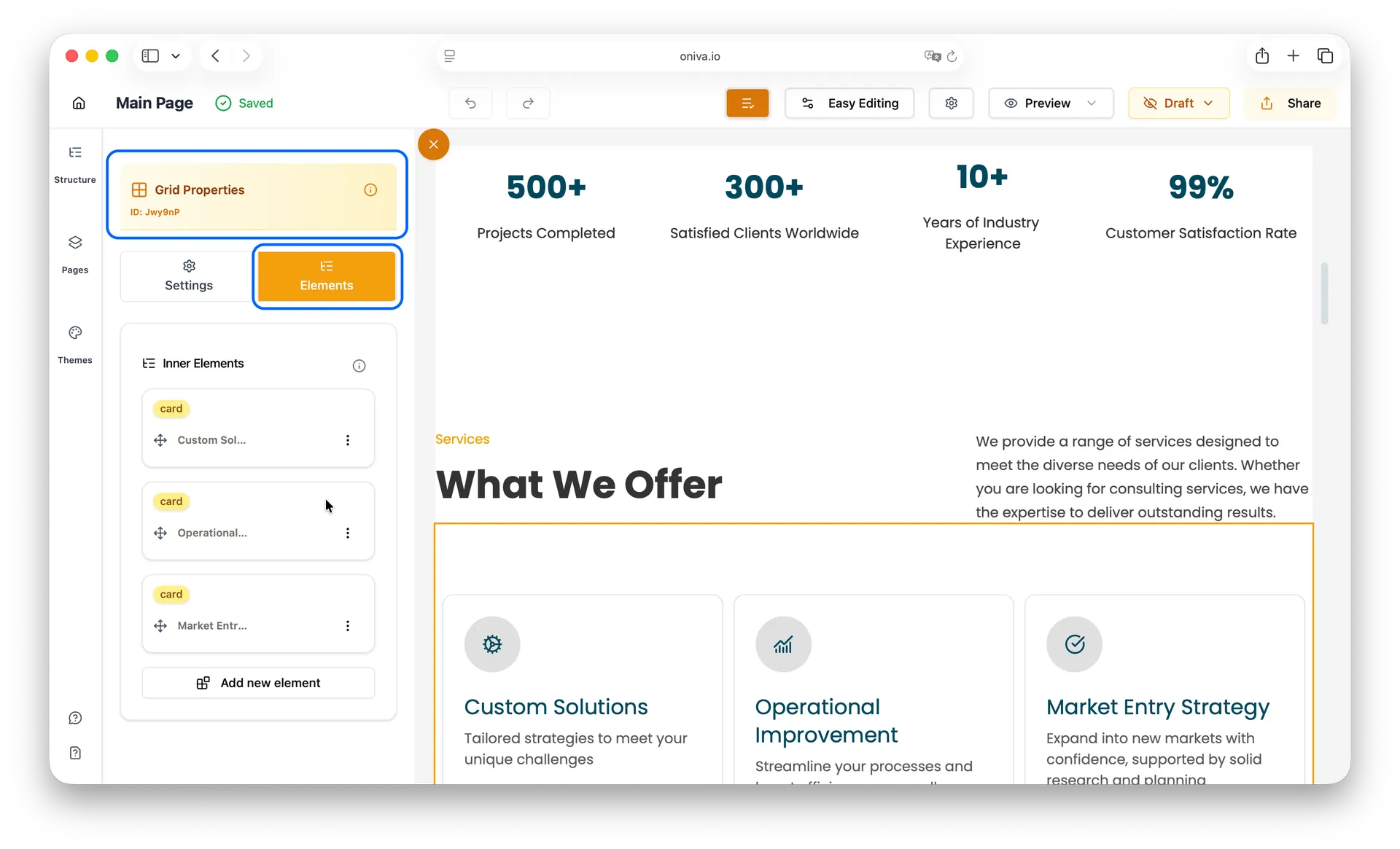Oniva.io elements panel displaying grid properties, inner elements including service cards, and 'Add new element' functionality in no-code website editor