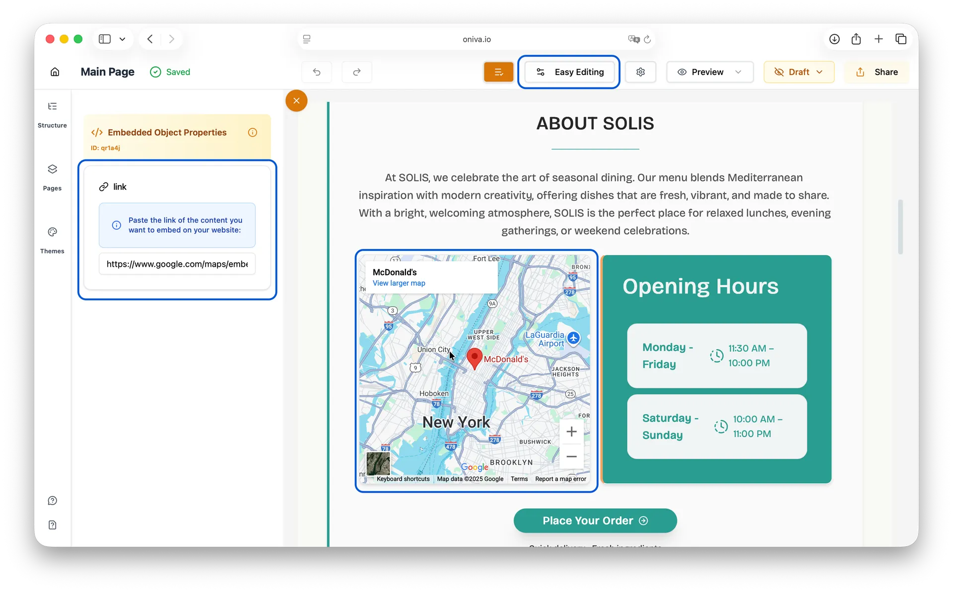 Oniva.io Easy Editing mode with Embedded Object Properties displaying Google Maps integration link field for adding interactive maps to restaurant website