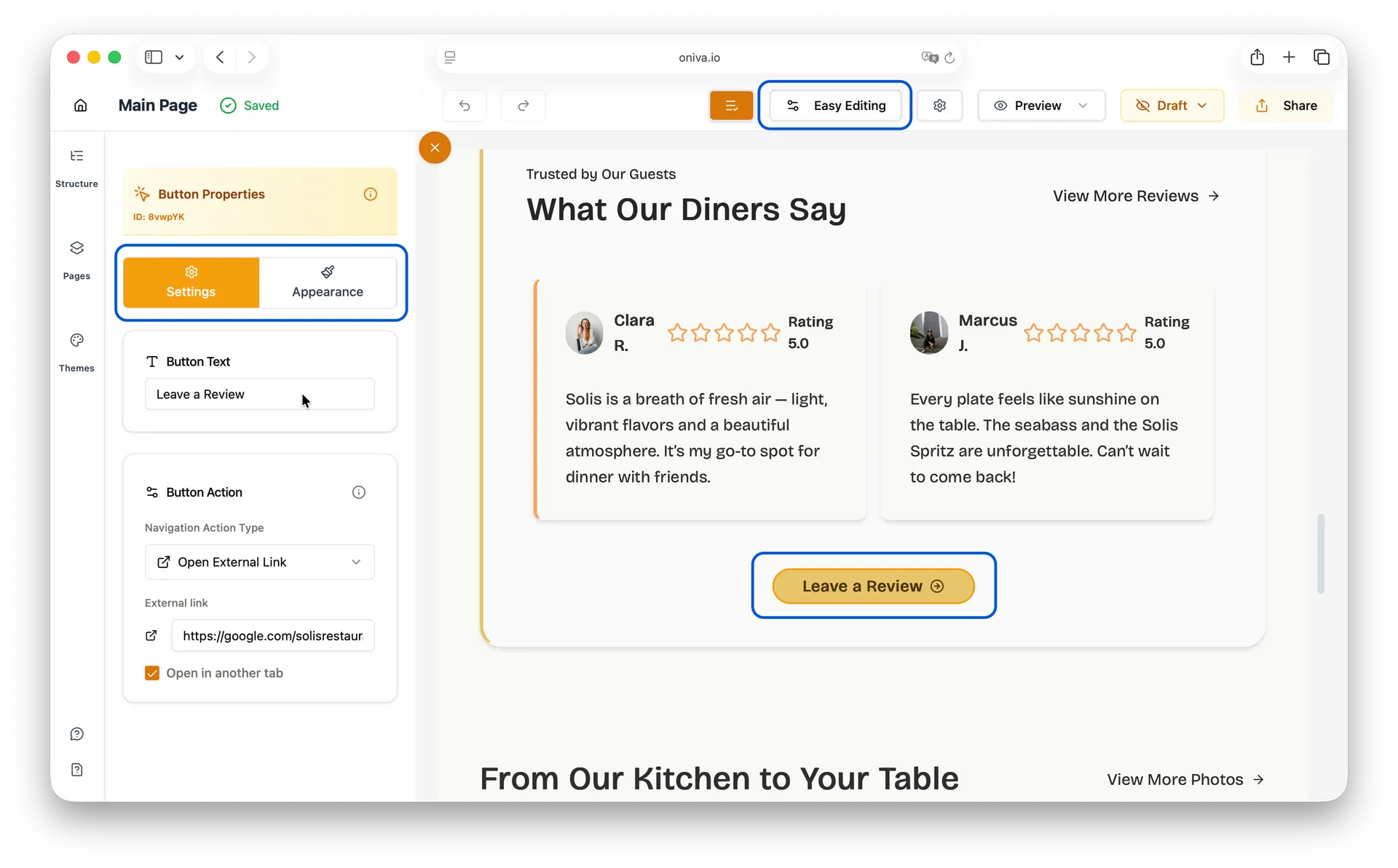 Oniva.io website builder easy editing showing button settings
