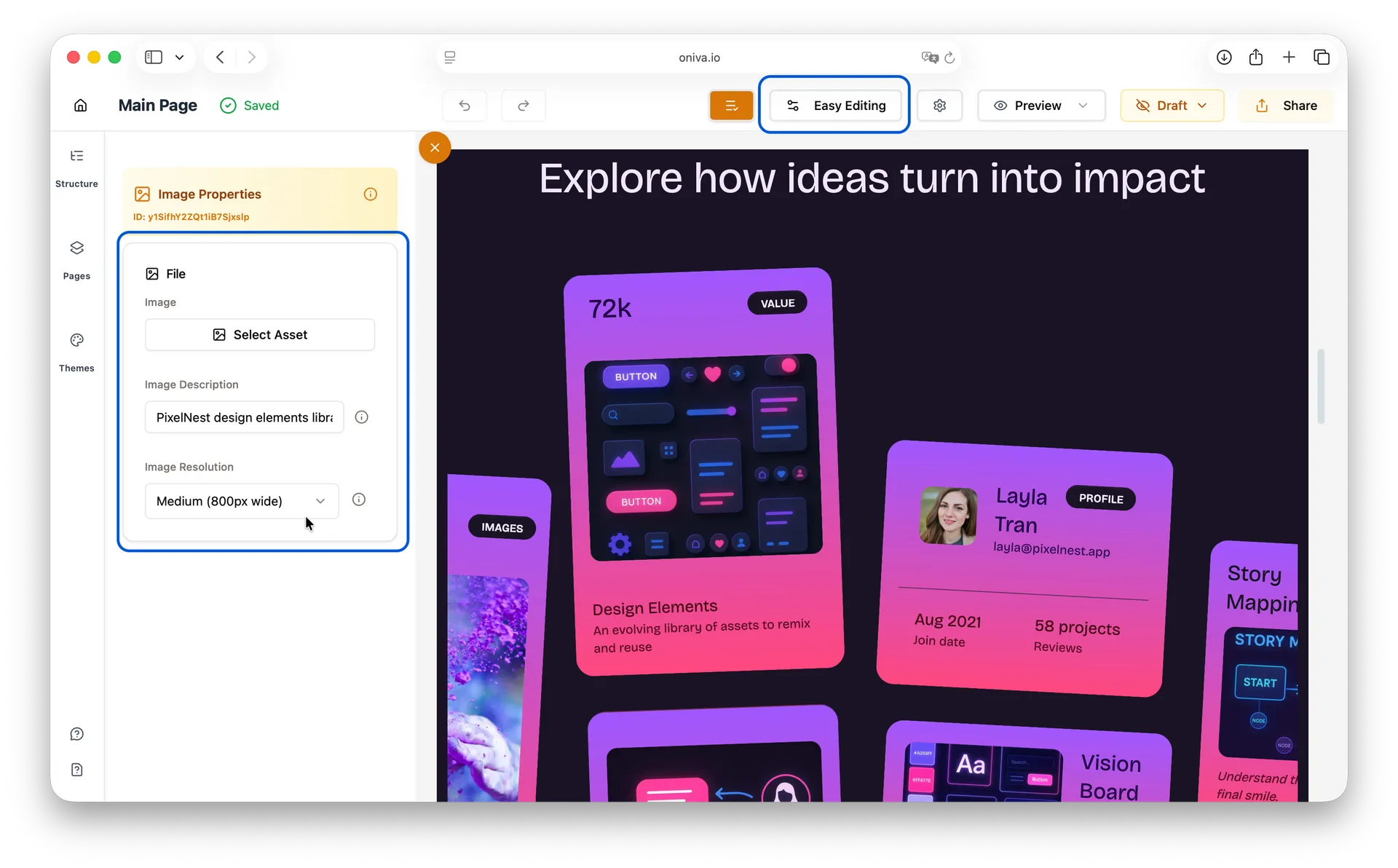Oniva.io Easy Editing mode with Image Properties panel showing file upload, Select Asset button, image description field, and resolution settings for visual content management in AI website builder