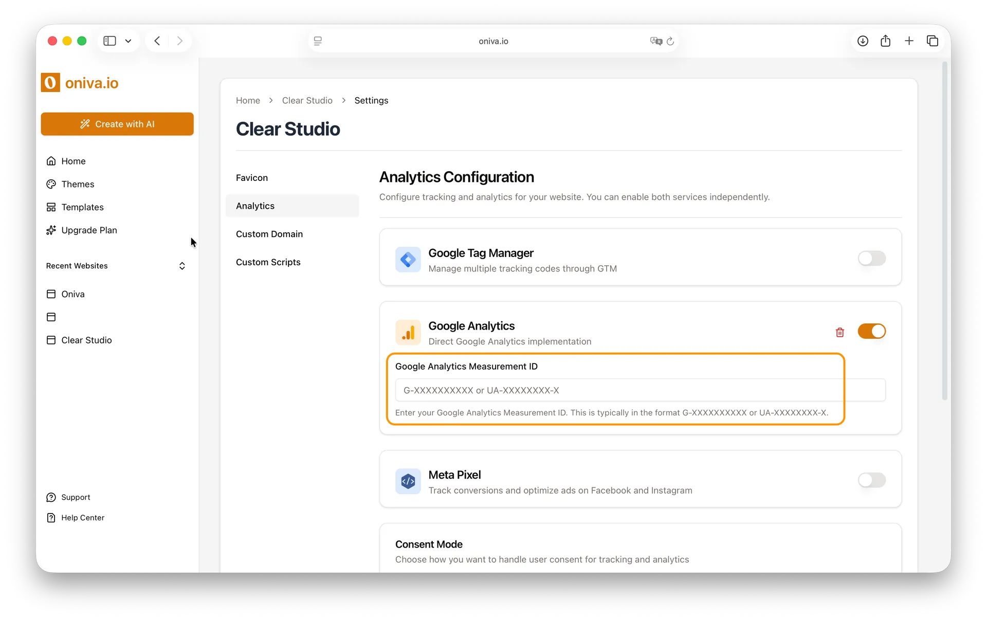 Google Analytics Web stream details page showing Measurement ID field and Enhanced measurement settings for comprehensive website tracking and data collection