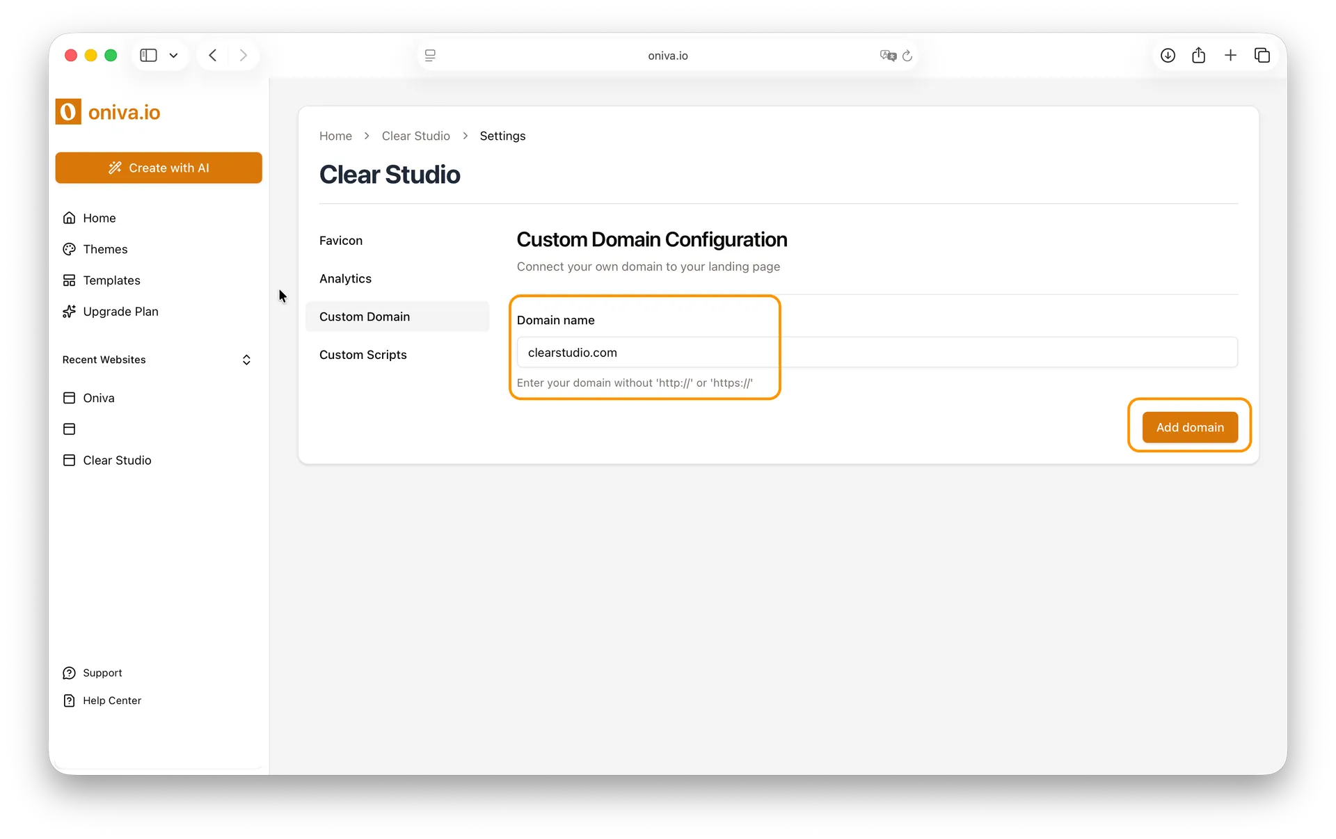 Oniva.io website builder custom domain configuration screen with input field to add a domain name.
