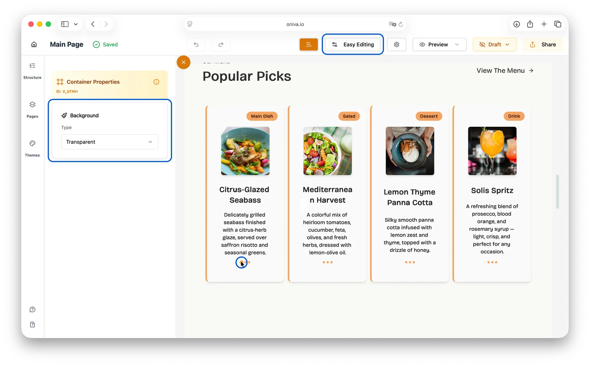 Oniva.io Easy Editing mode with Container Properties panel showing Background Type 