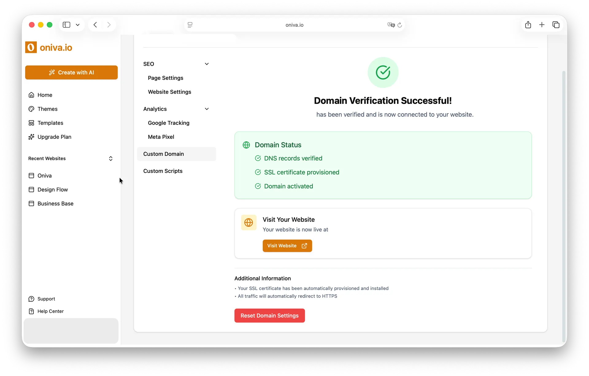 Oniva.io website builder showing successful custom domain verification with DNS and SSL status.