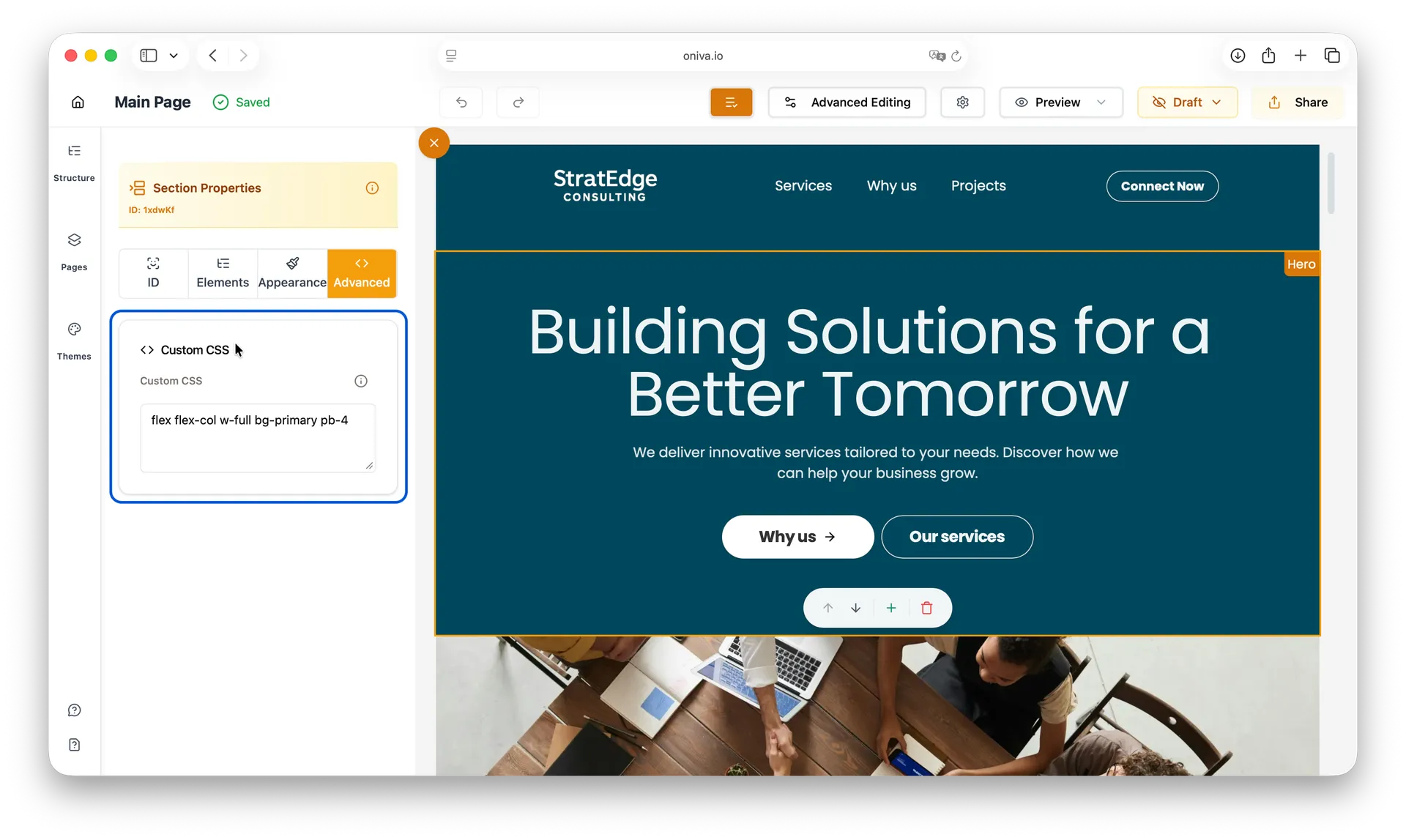 Oniva.io Advanced tab interface displaying Custom CSS editor with flexbox classes for professional website styling and code customization in no-code website builder