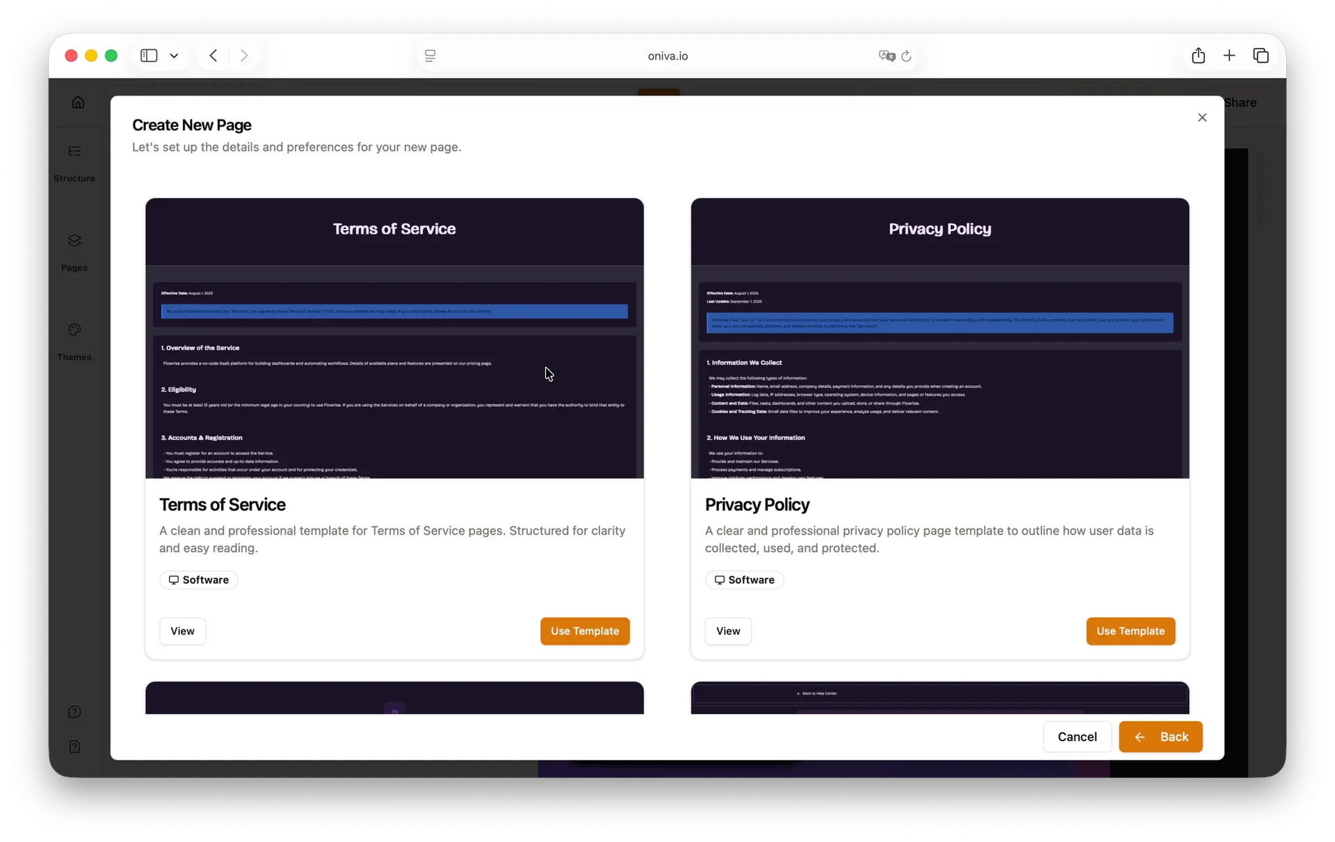 Website builder page templates for creating additional pages like Terms of Service and Privacy Policy.