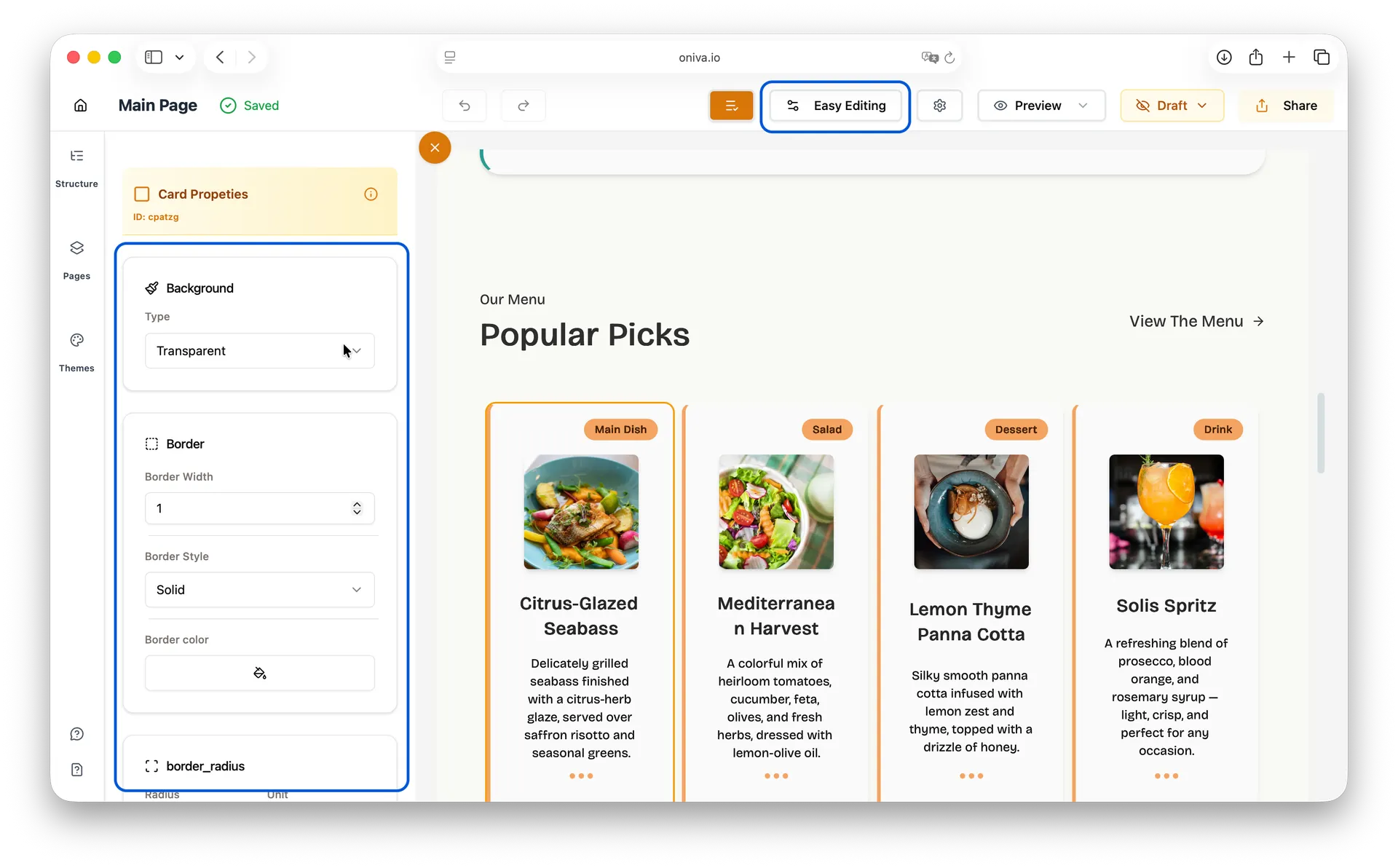 Oniva.io Card Properties panel in Easy Editing mode showing Background type, Border settings with width, style, and color controls