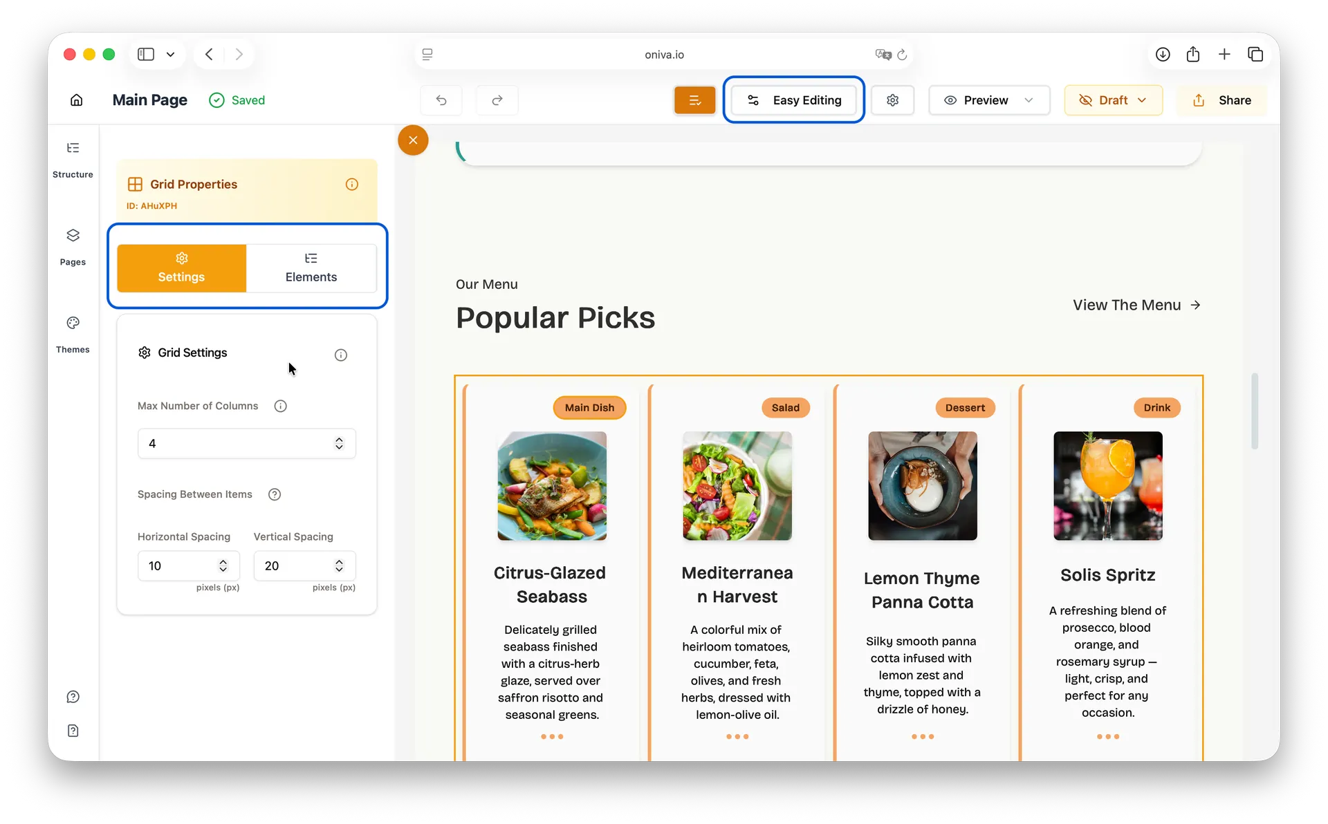Oniva.io Easy Editing mode displaying Grid Settings panel with column count and spacing configuration