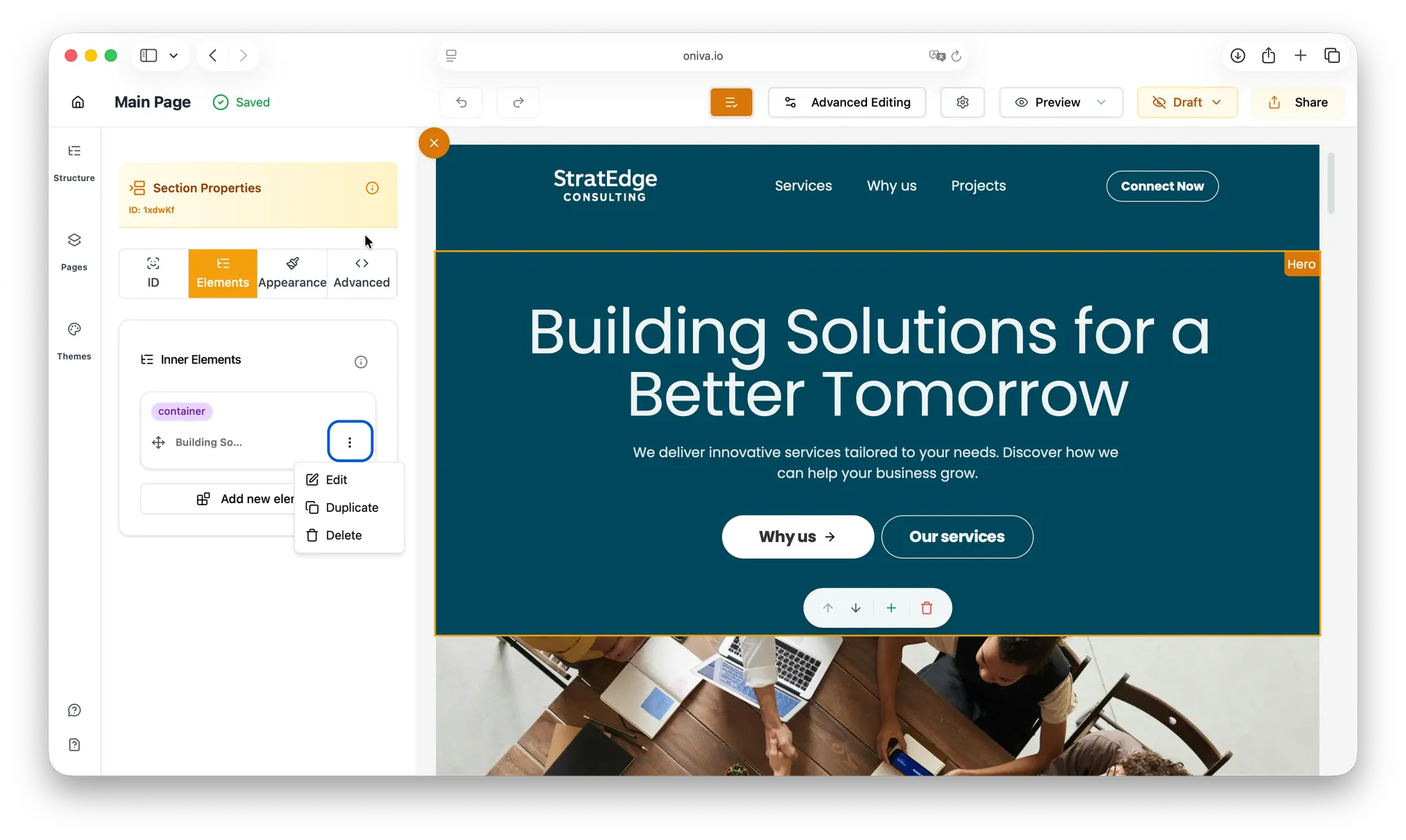 Oniva.io element context menu displaying Edit, Duplicate, and Delete options for website content management and modification in AI-powered web design tool