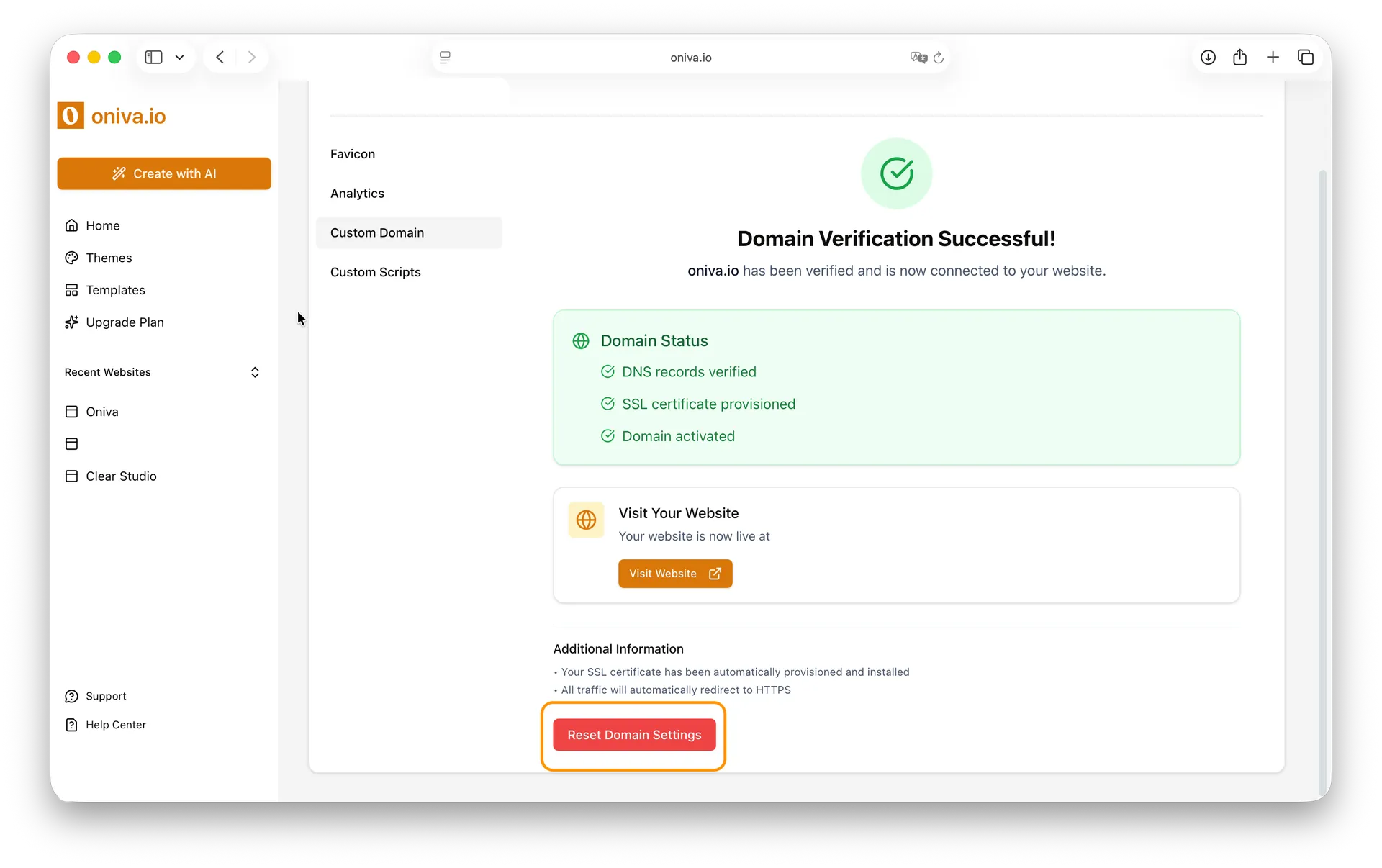 Oniva.io website builder custom domain settings with option to reset and manage verified domain.