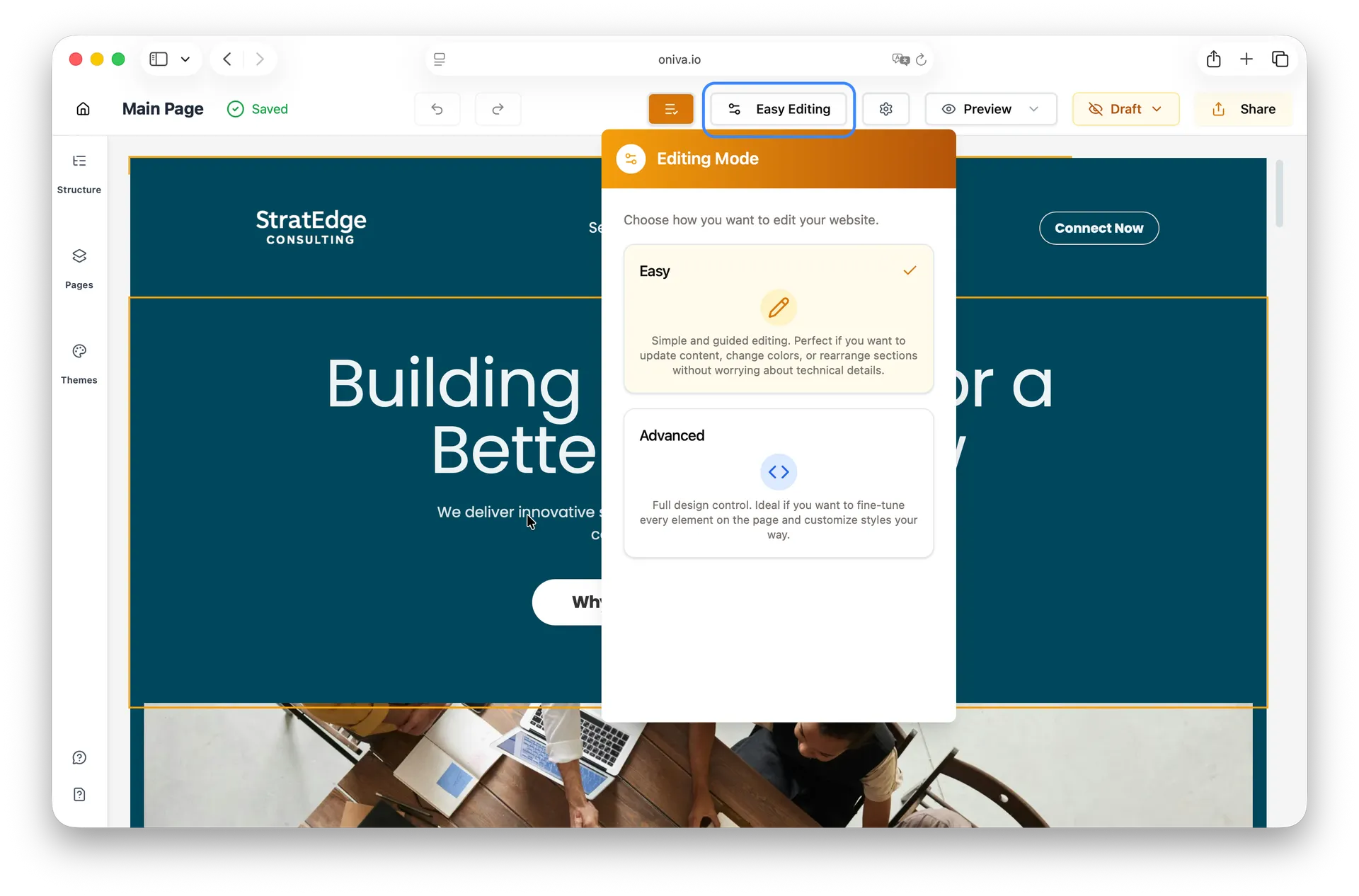 Oniva.io editing mode selection modal showing Easy and Advanced options - choose between simple guided editing or full design control in AI website builder platform
