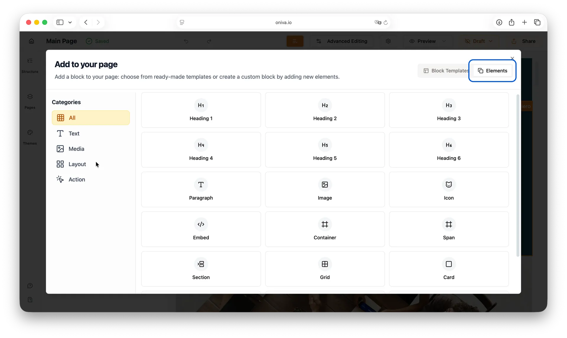 Oniva.io 'Add to your page' modal with Elements tab selected, showing categorized website components including Text, Media, Layout, and Action elements for website building