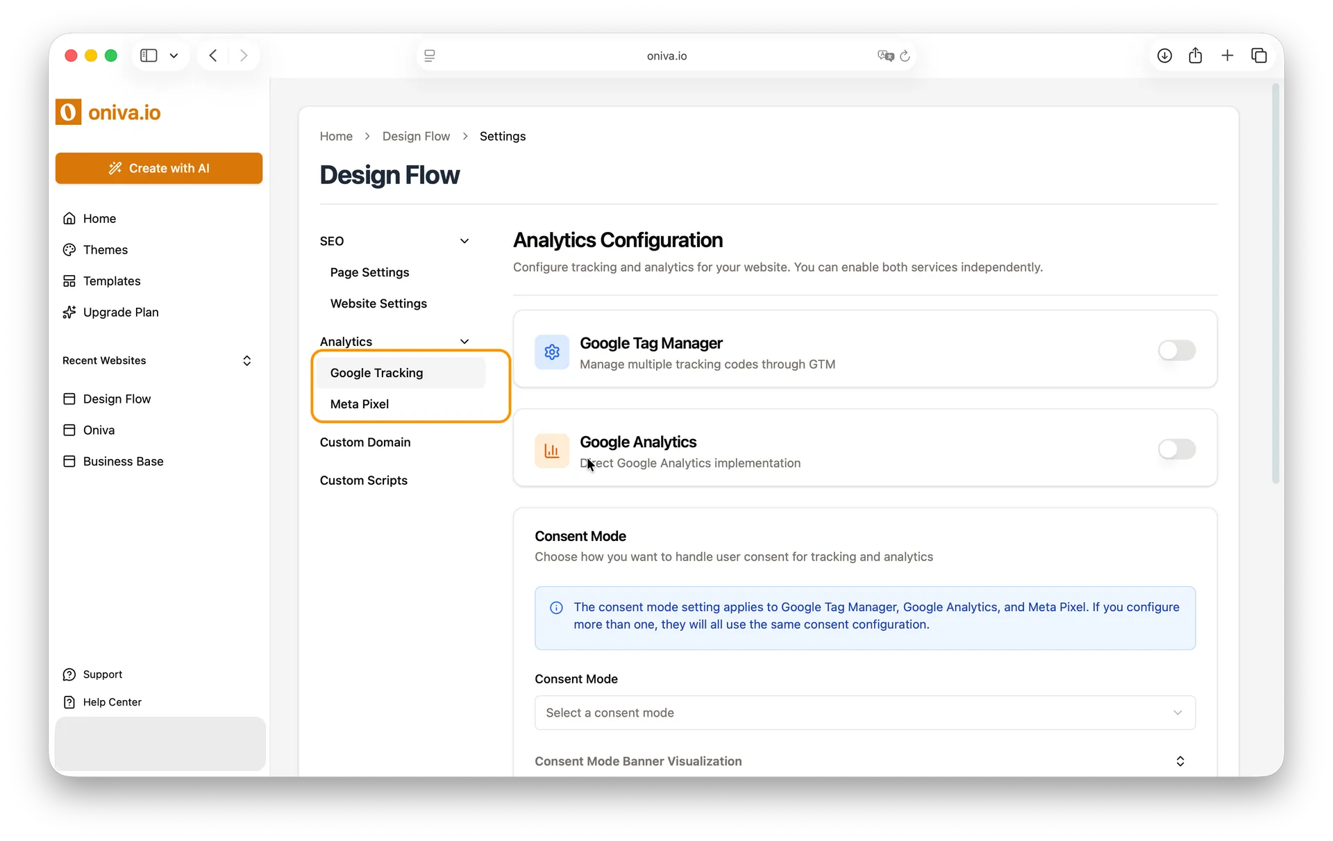 Oniva.io analytics configuration dashboard displaying Google Tag Manager and Google Analytics integration options with consent mode settings for no-code website building