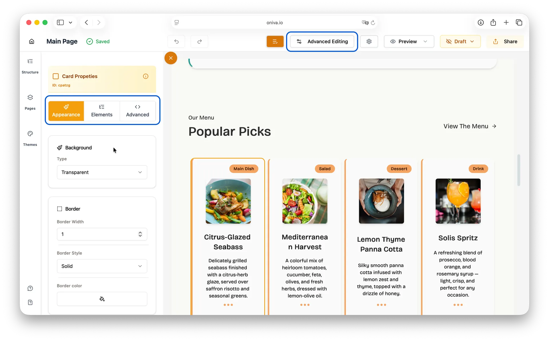 Oniva.io Advanced Editing mode with Card Properties Appearance tab displaying background and border customization options including width, style, and color settings 