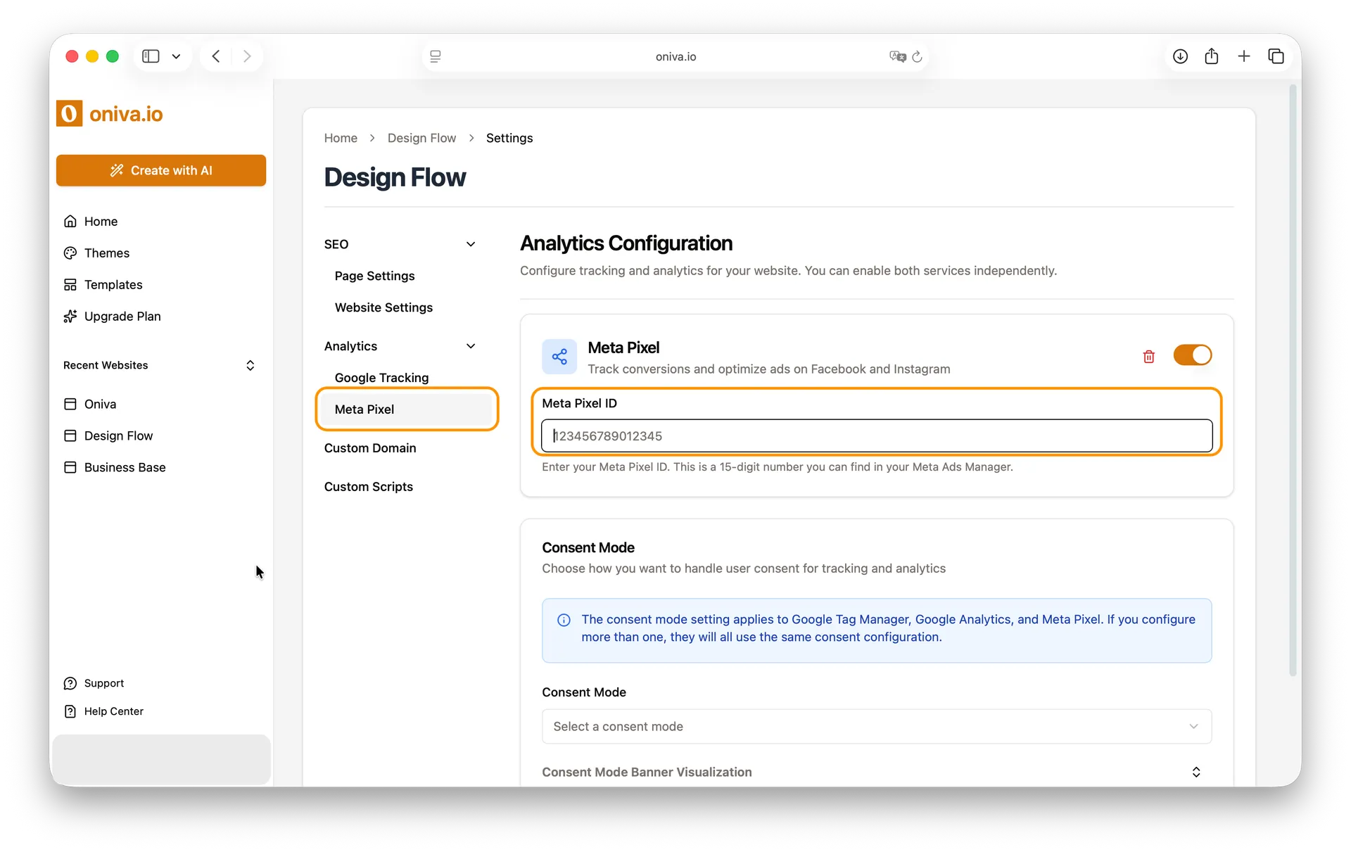 Oniva.io Meta Pixel integration interface with Pixel ID input field for Facebook and Instagram advertising conversion tracking on AI-generated websites