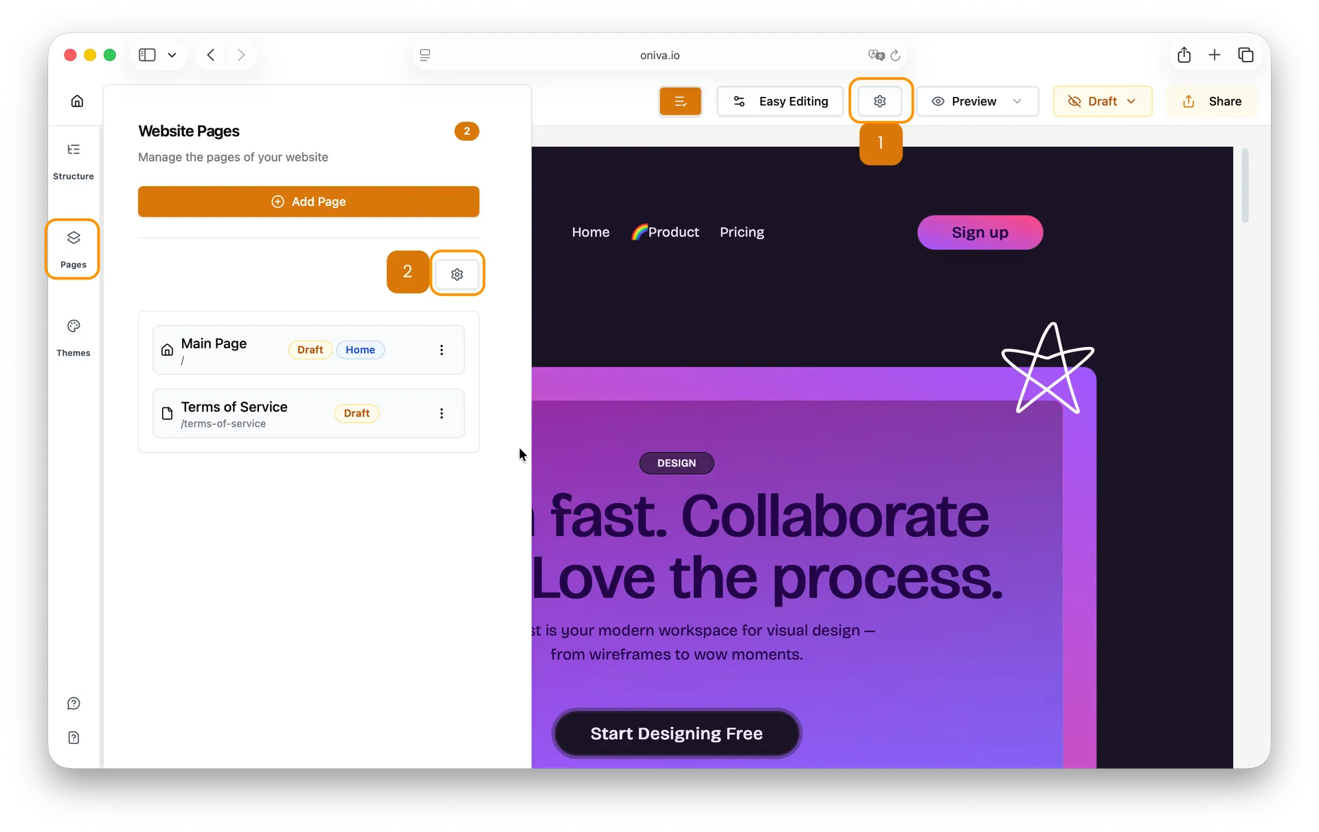 Oniva.io website pages manager showing main page and terms of service with editing and website configuration options.