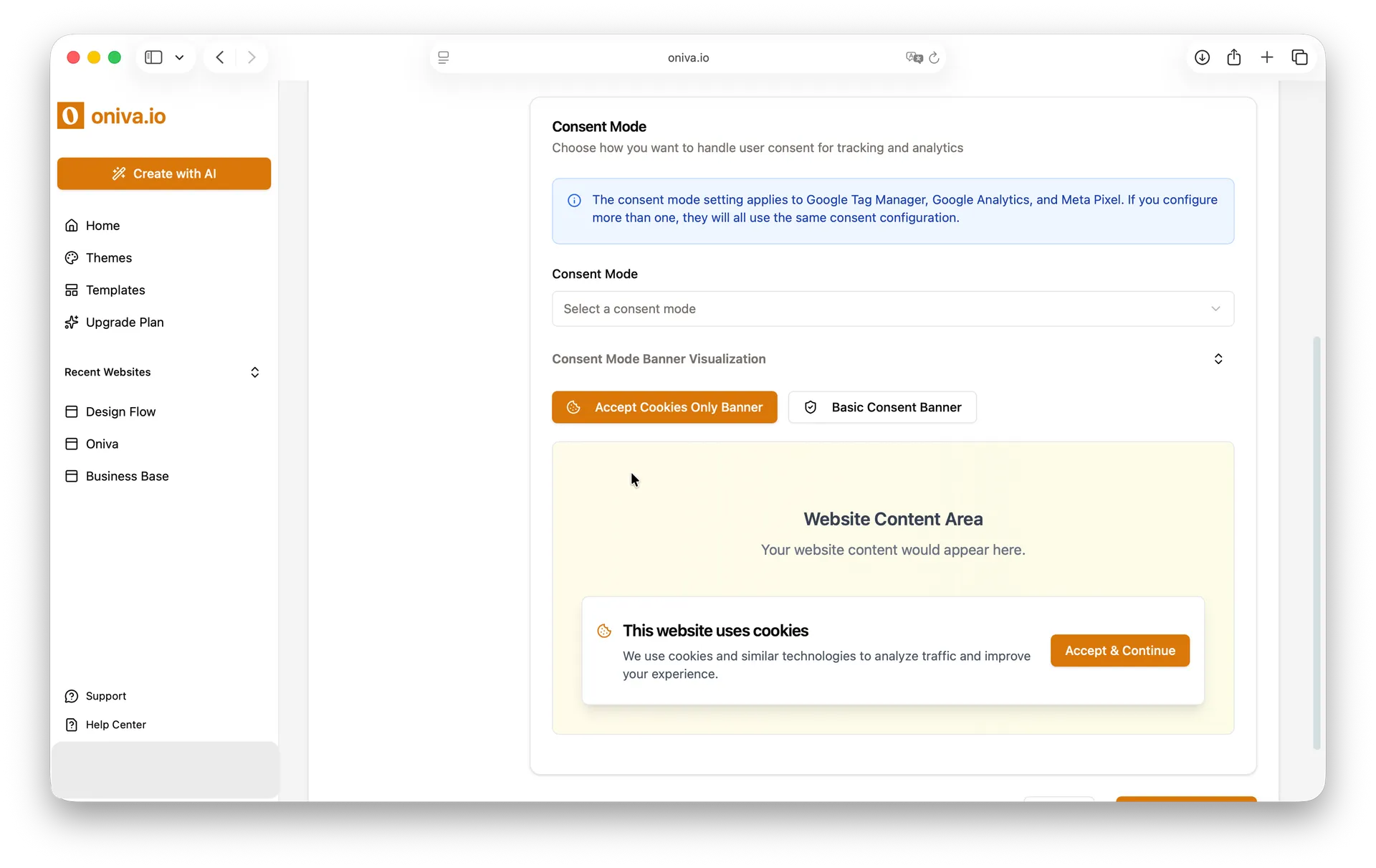 Oniva.io consent mode banner visualization showing 'Accept Cookies Only Banner' and 'Basic Consent Banner' options with preview of cookie consent popup on AI website builder platform