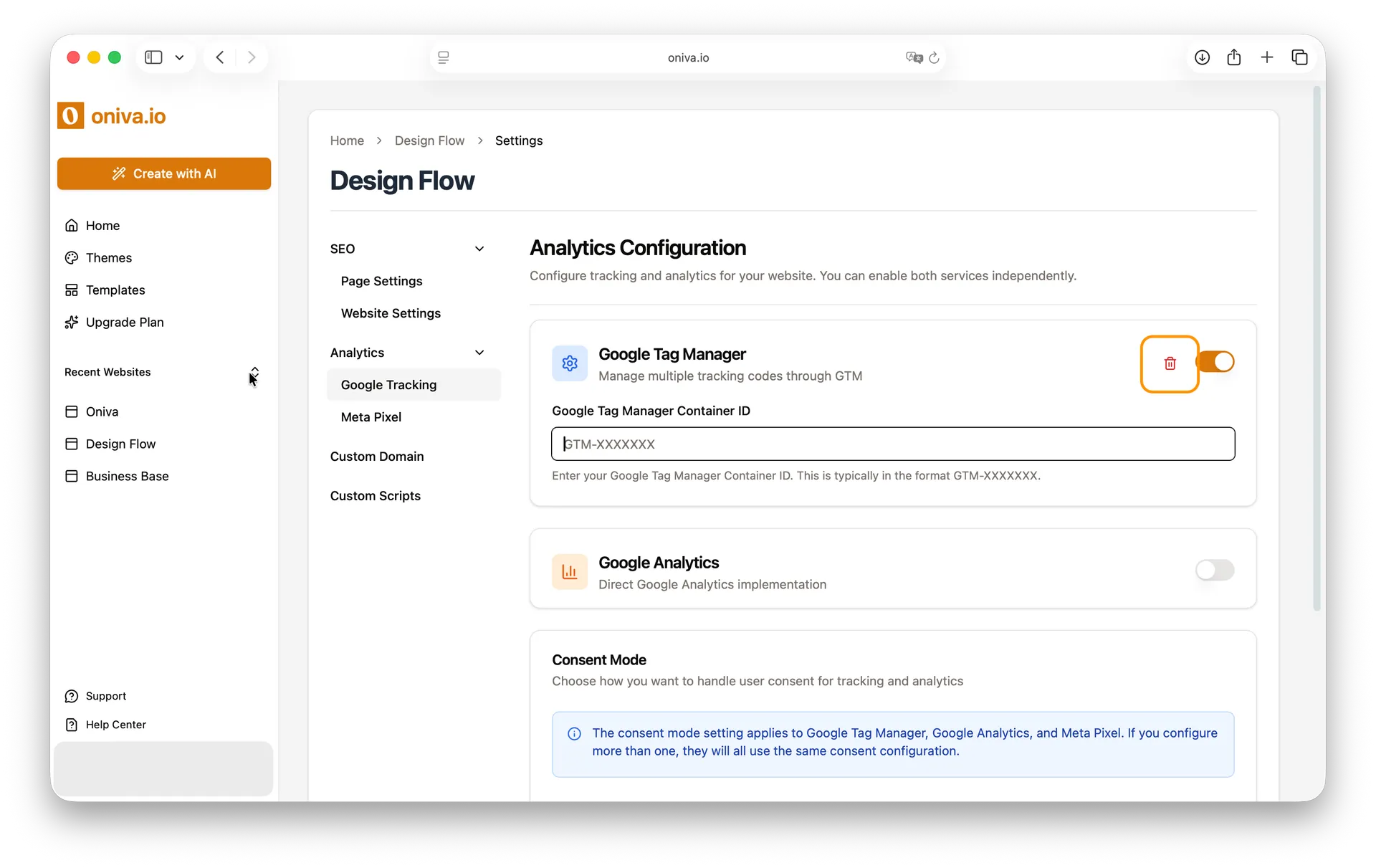 Oniva.io Google Tag Manager settings with delete/remove tag functionality highlighted, showing GTM Container ID configuration and toggle controls for no-code website analytics management