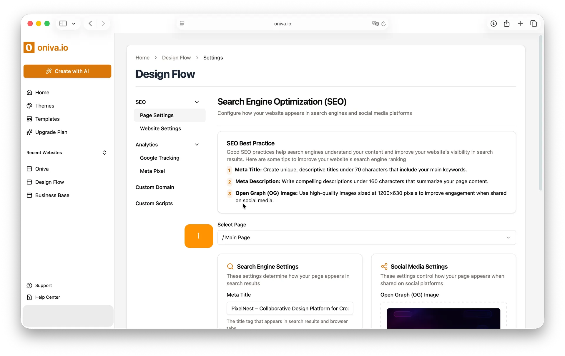Oniva.io SEO best practices section with tips for meta titles, meta descriptions, and Open Graph images to improve search visibility.