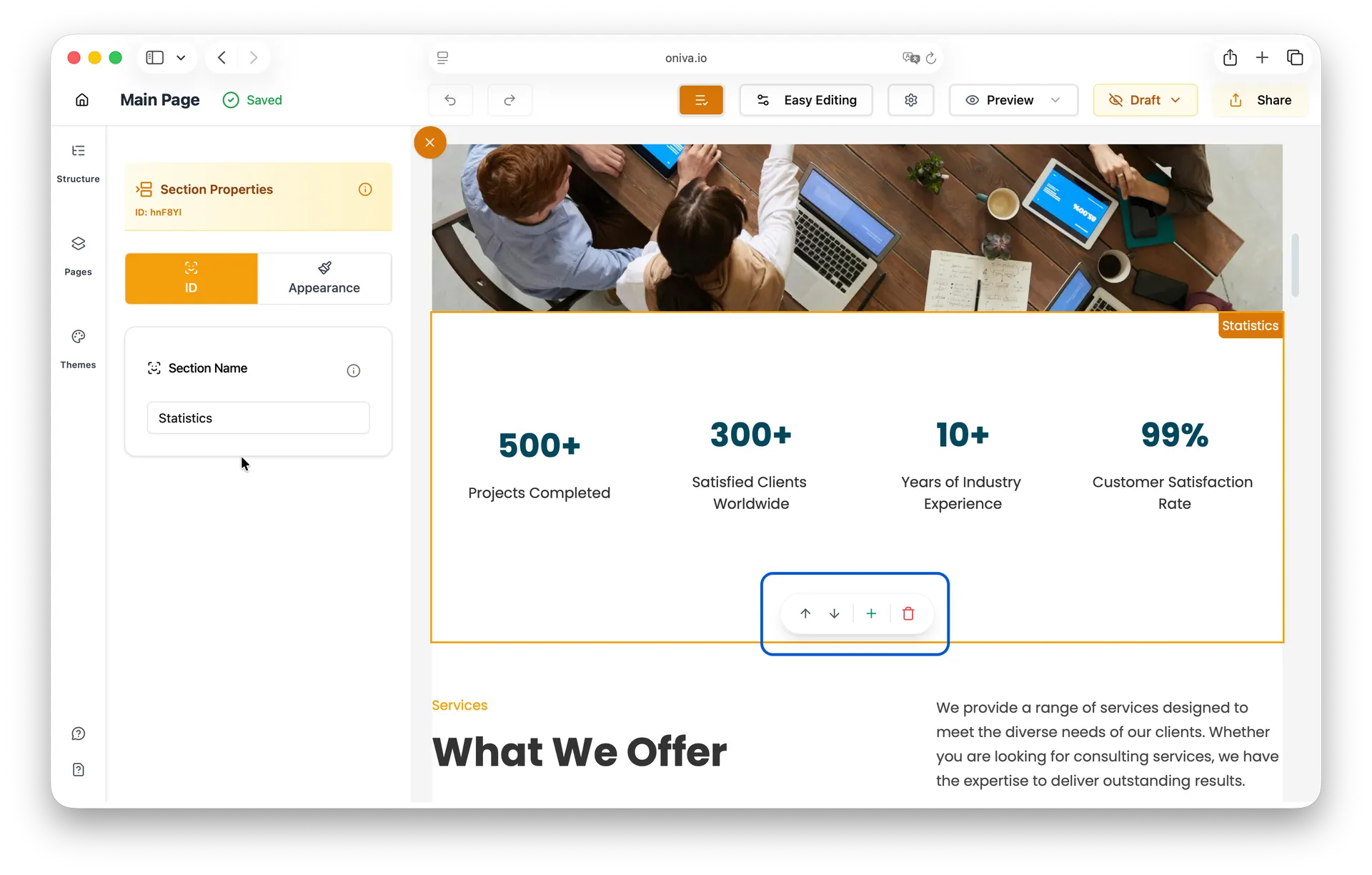 Oniva.io website editor showing statistics section with business metrics  and section editing controls in AI website builder