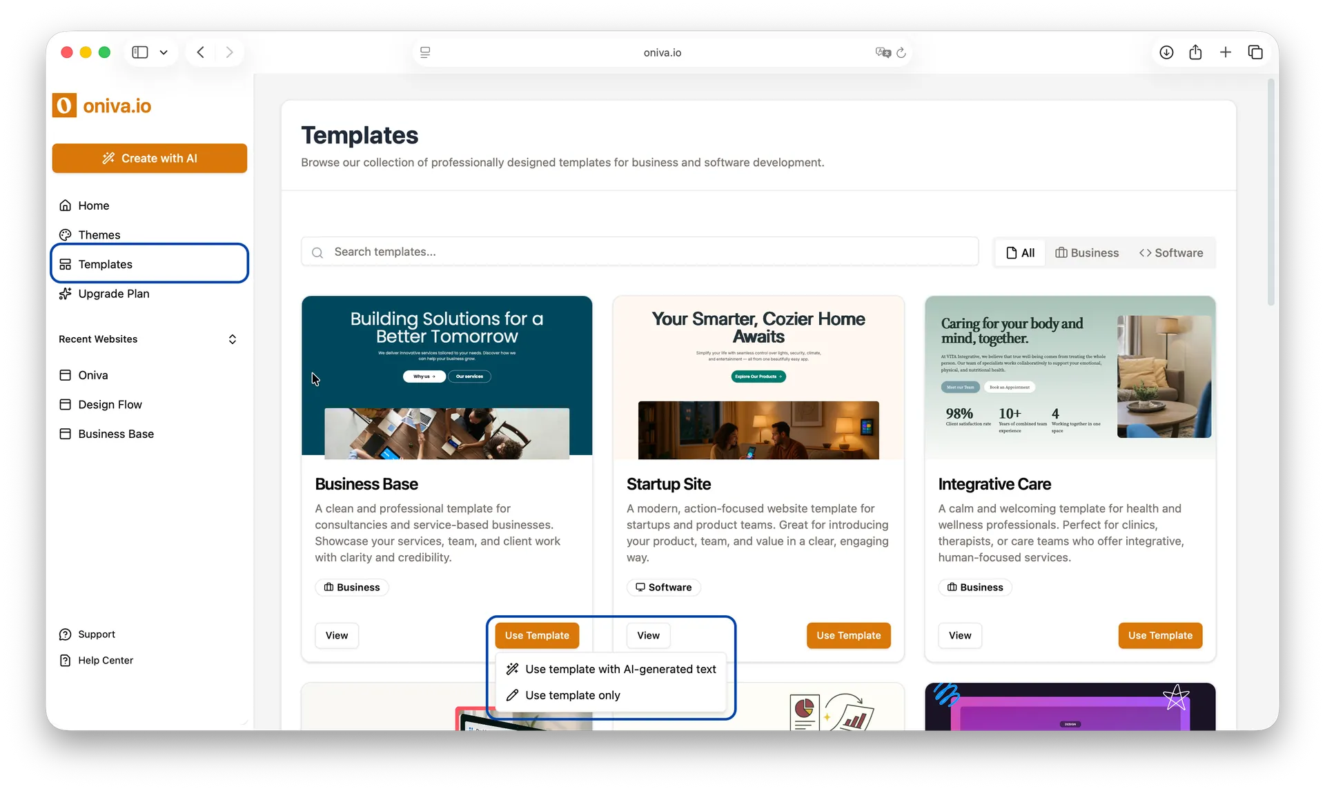 Oniva.io templates library showing professional website templates with AI-generated text options and 'Use Template' buttons for quick website creation