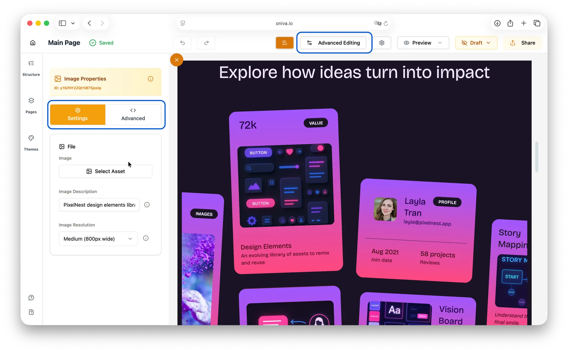 Oniva.io Advanced Editing mode displaying image properties with Settings and Advanced tabs for file upload, asset selection, alt text description, and resolution options in professional website builder interface