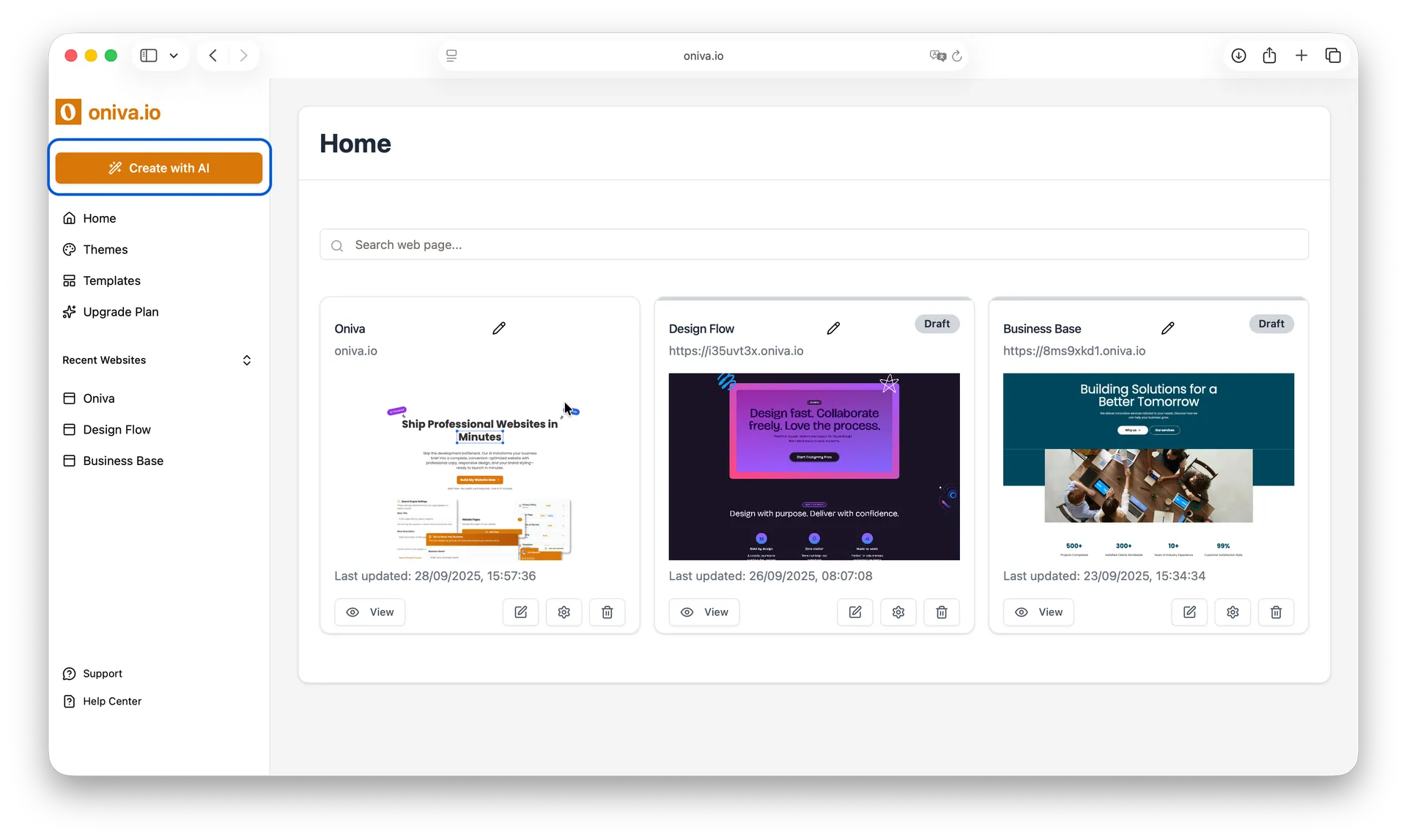 Oniva.io dashboard home page displaying recent websites with 'Create with AI' button and website management interface for no-code AI website builder