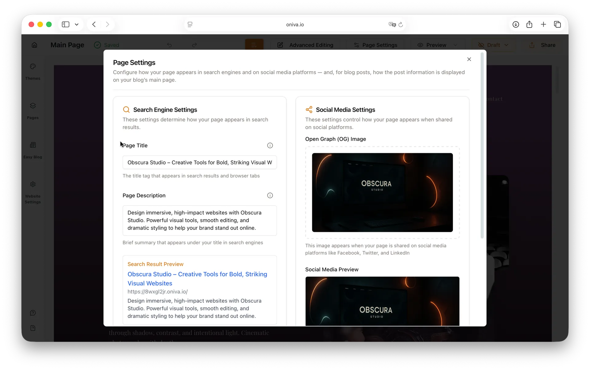 Oniva.io SEO settings page with fields for meta title, meta description, and social media Open Graph preview.