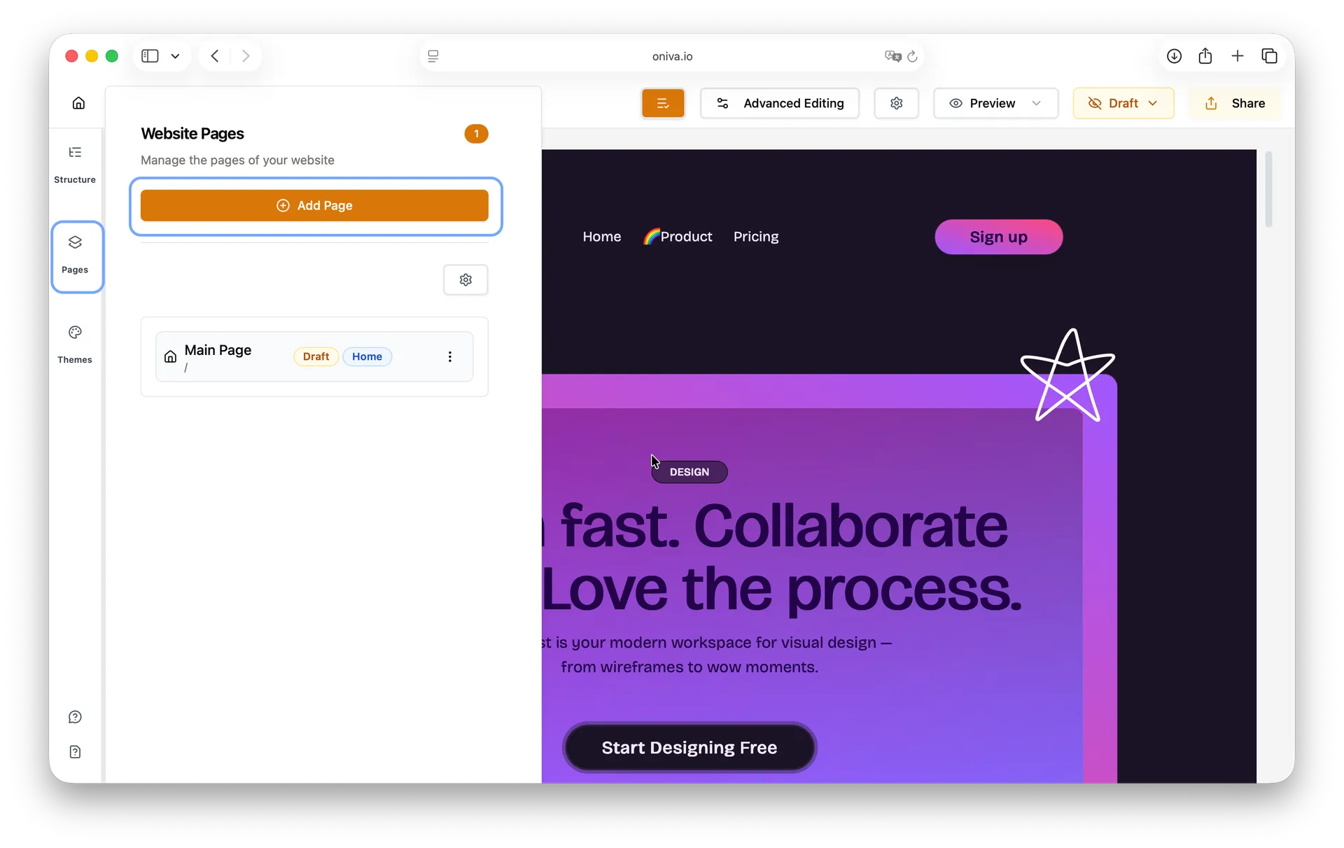 Oniva.io website builder editing mode showing Pages section with option to add new page in site editor – manage main page, drafts, and navigation settings.