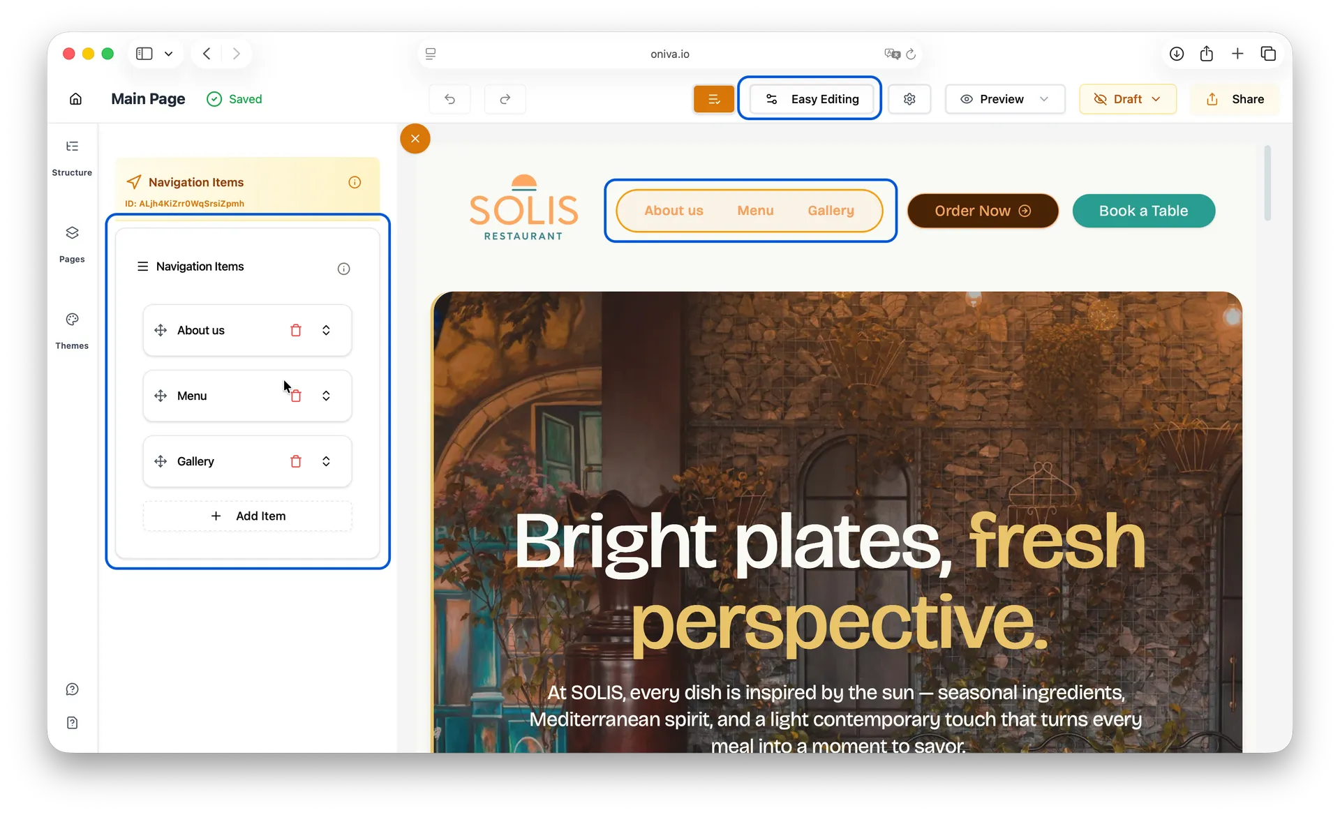 Oniva.io website builder easy editing showing navigation items menu with options to add or remove links.