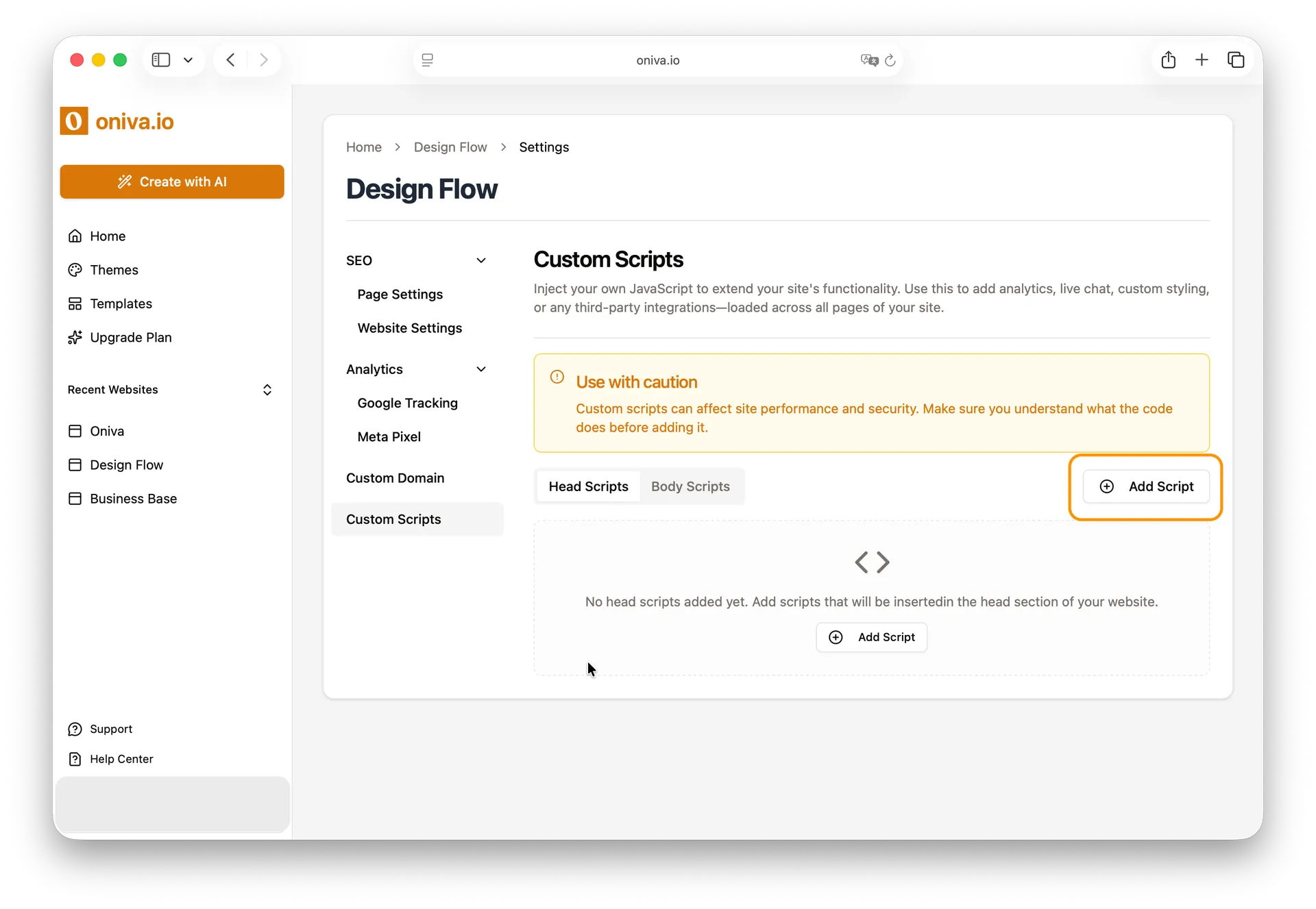 Website builder settings showing custom scripts panel with option to add head or body scripts.